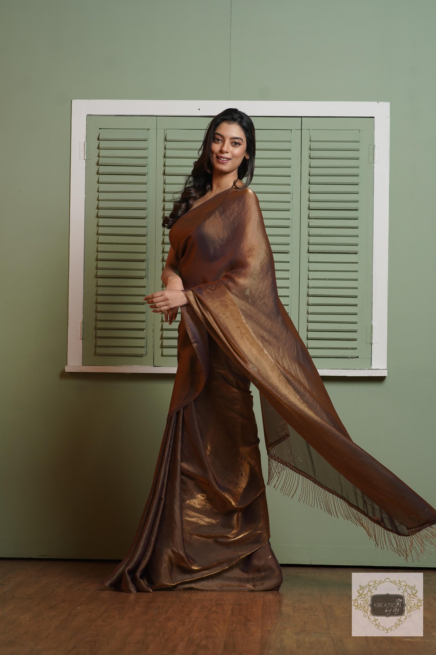 Molten Chocolate Metallic Shimmer Satin Saree kreationbykj