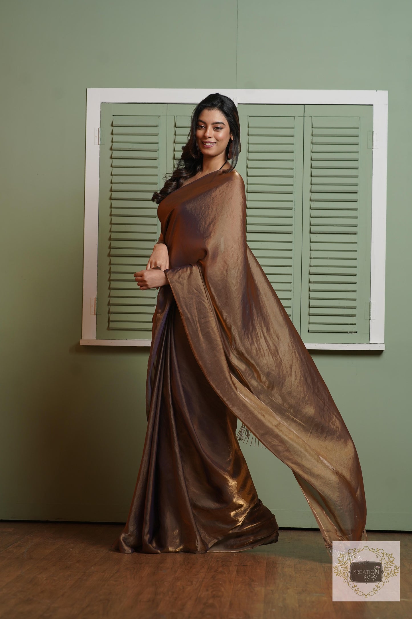 Molten Chocolate Metallic Shimmer Satin Saree kreationbykj