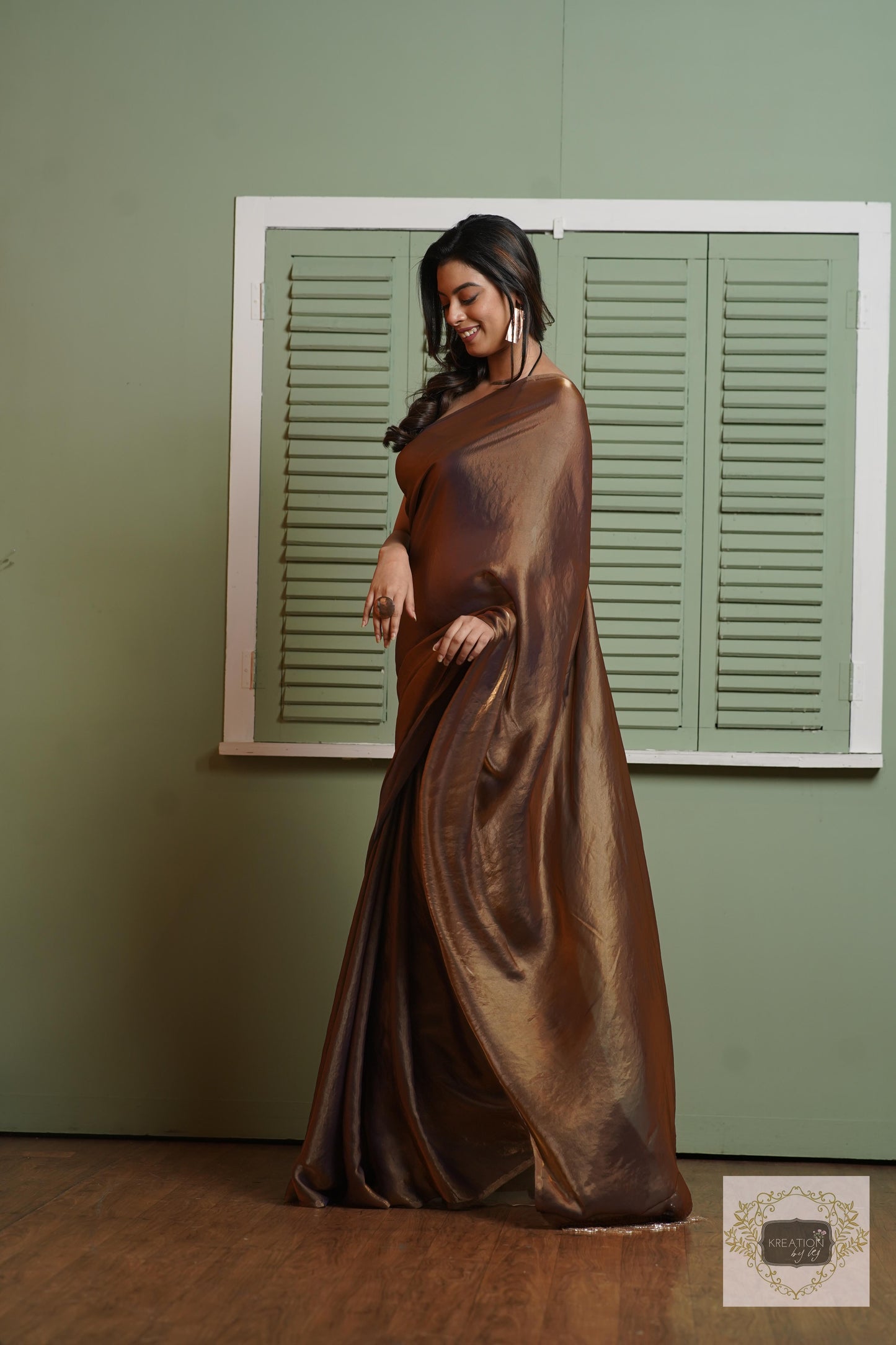 Molten Chocolate Metallic Shimmer Satin Saree kreationbykj