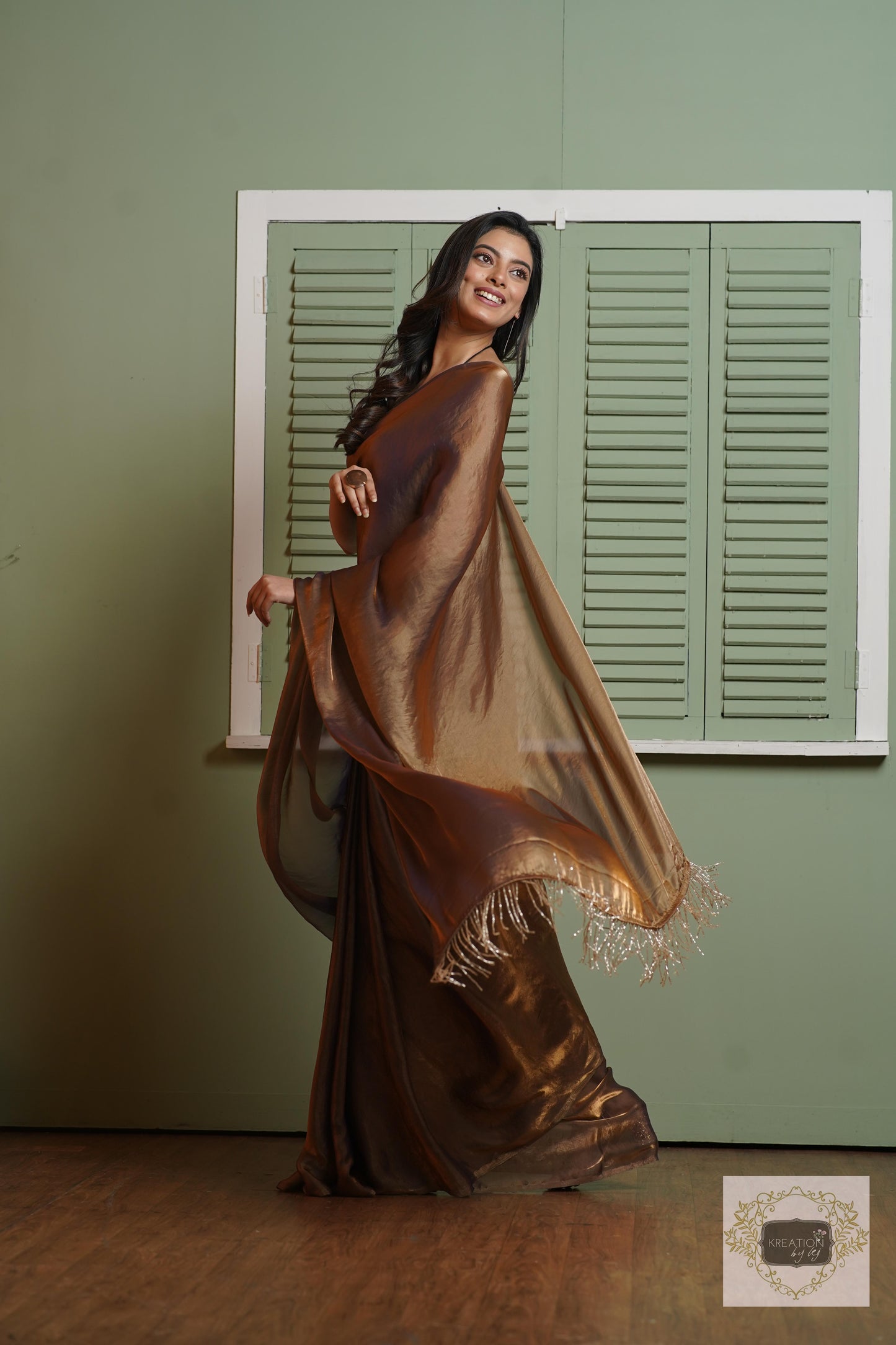 Molten Chocolate Metallic Shimmer Satin Saree kreationbykj