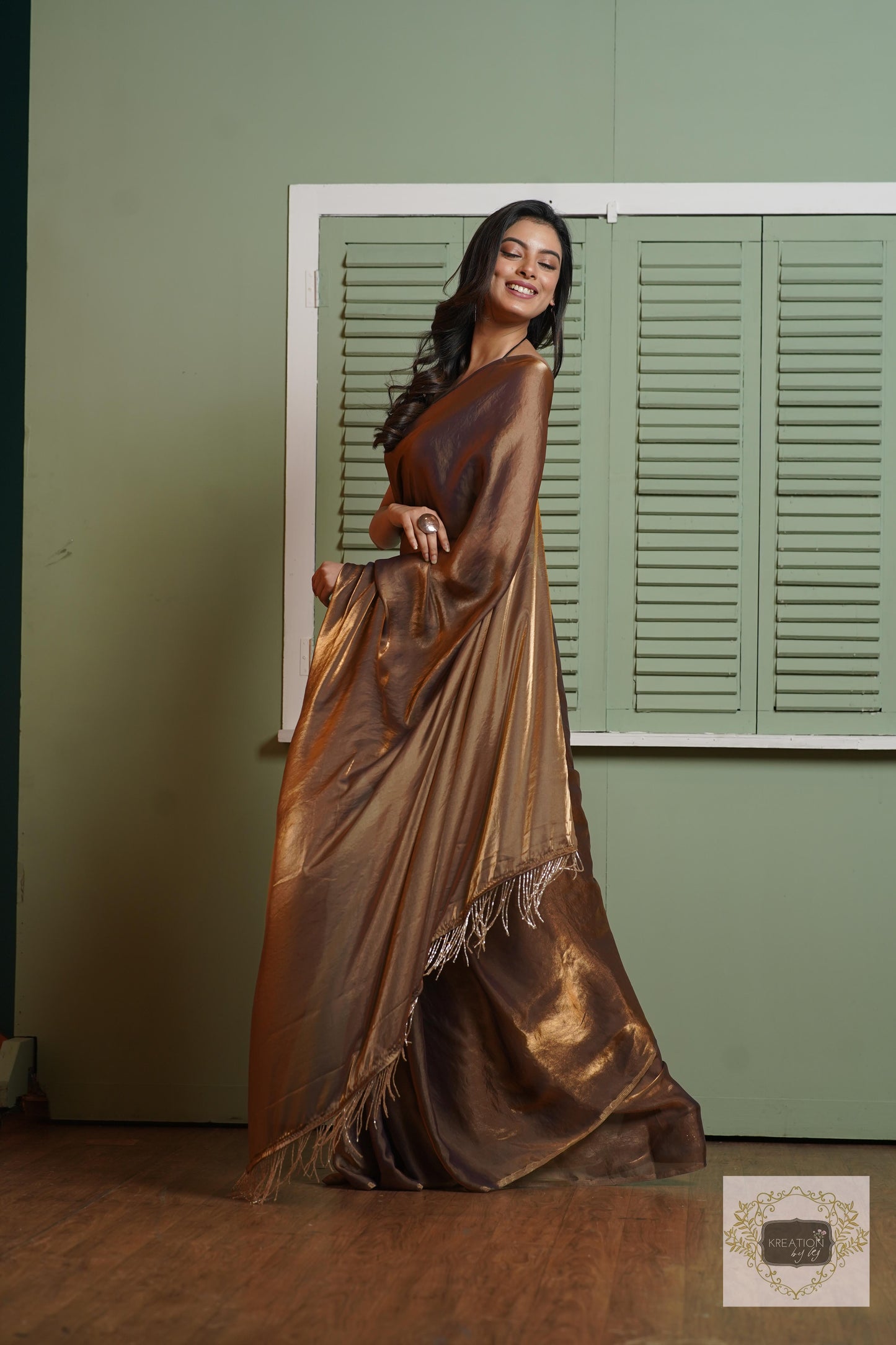 Molten Chocolate Metallic Shimmer Satin Saree kreationbykj