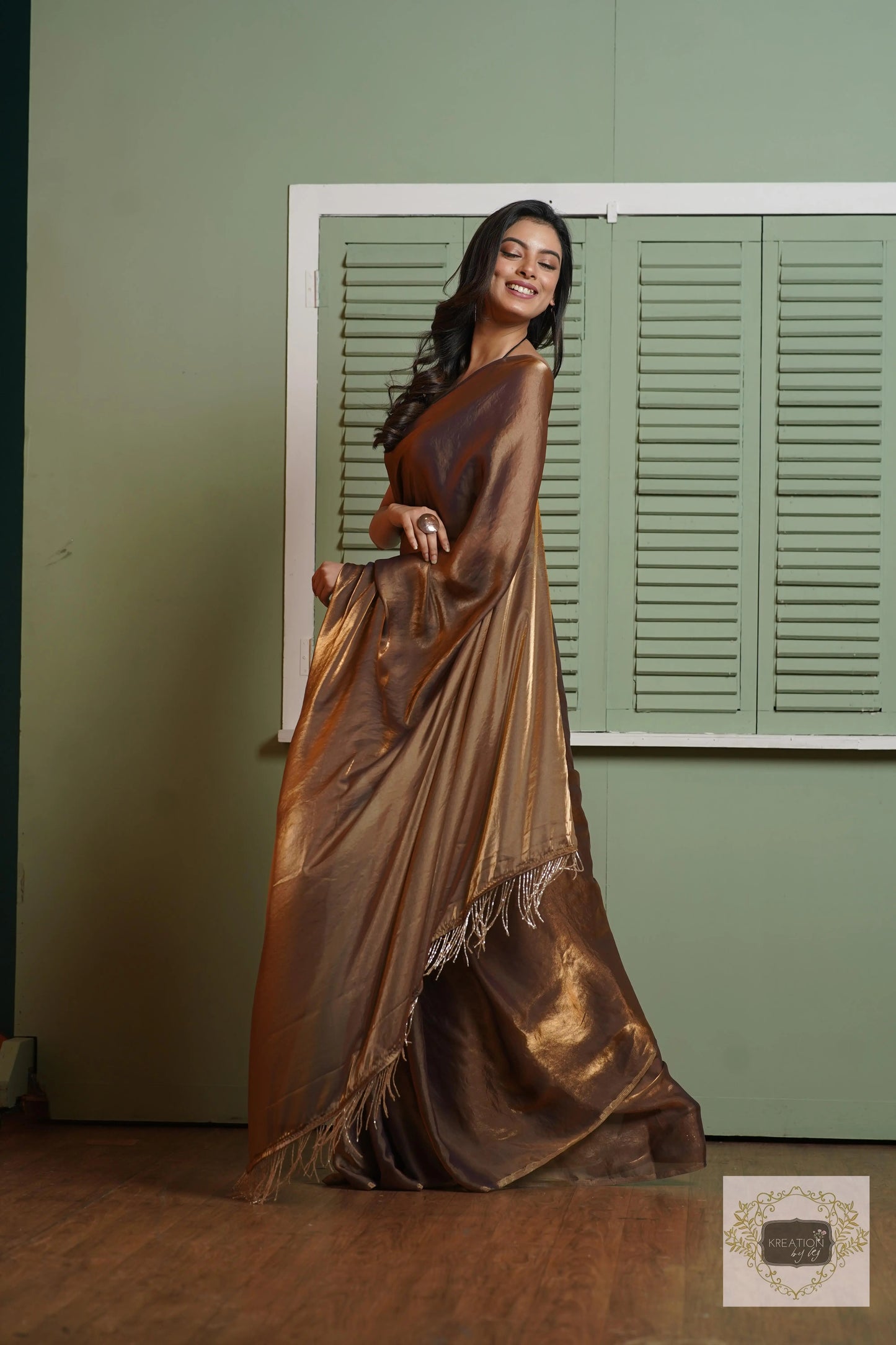 Molten Chocolate Metallic Shimmer Satin Saree kreationbykj