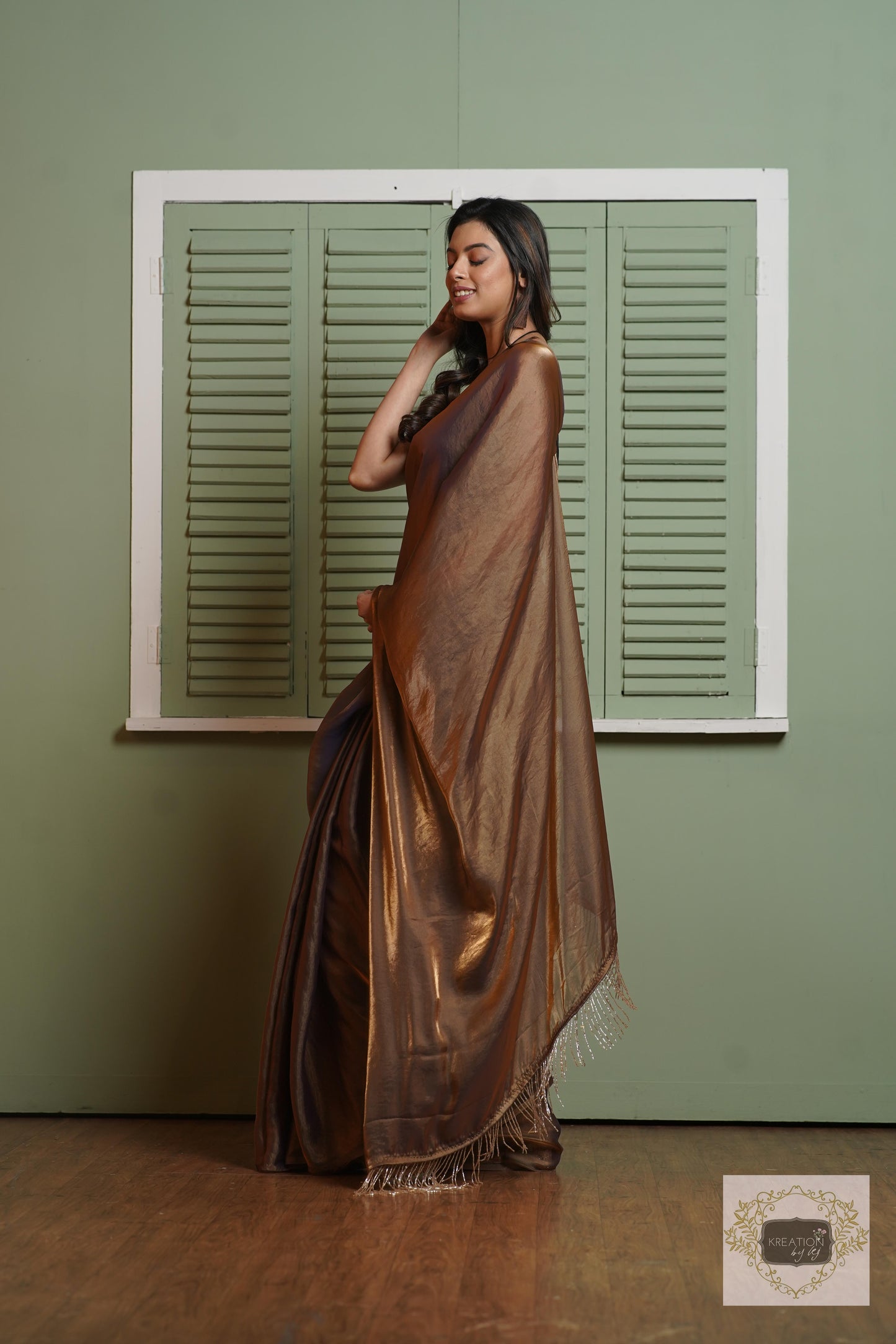 Molten Chocolate Metallic Shimmer Satin Saree kreationbykj