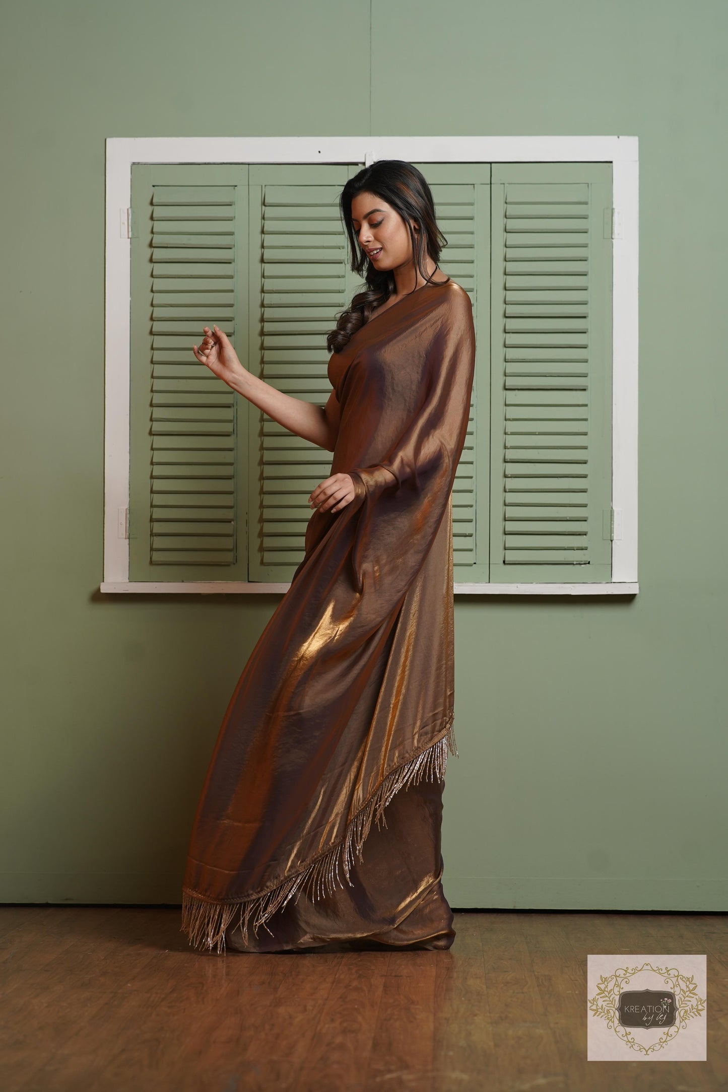 Molten Chocolate Metallic Shimmer Satin Saree kreationbykj
