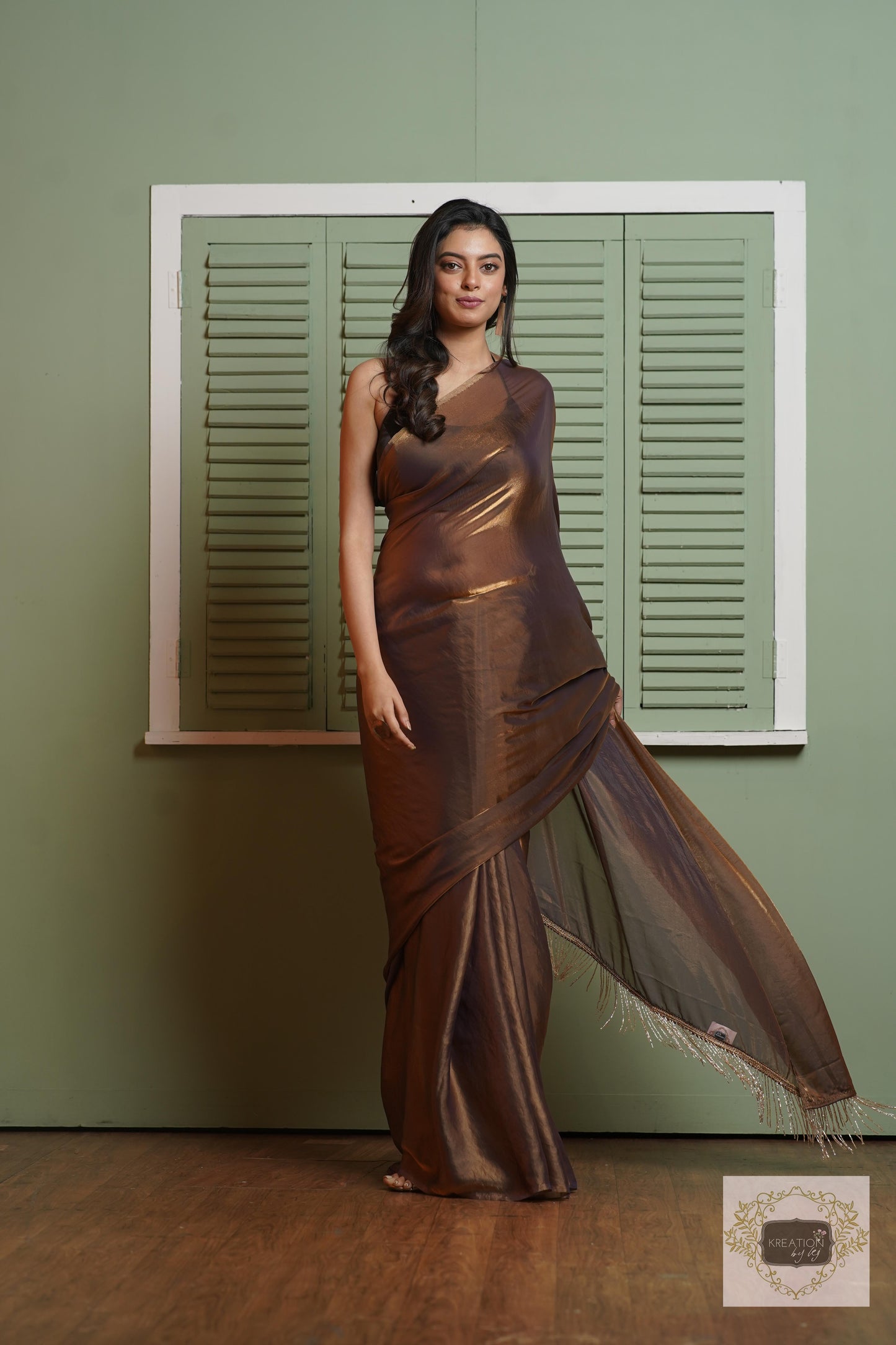 Molten Chocolate Metallic Shimmer Satin Saree kreationbykj