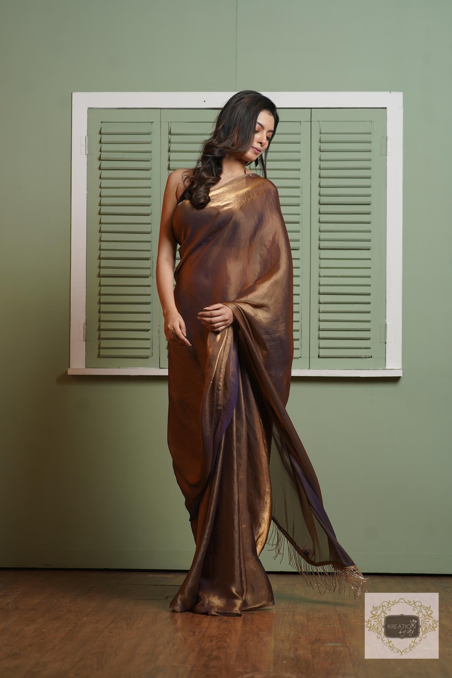 Molten Chocolate Metallic Shimmer Satin Saree kreationbykj