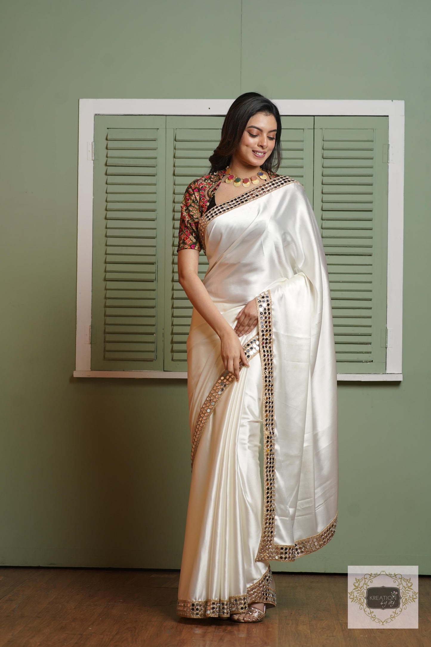 Cream Sheesh Mahal Saree kreationbykj
