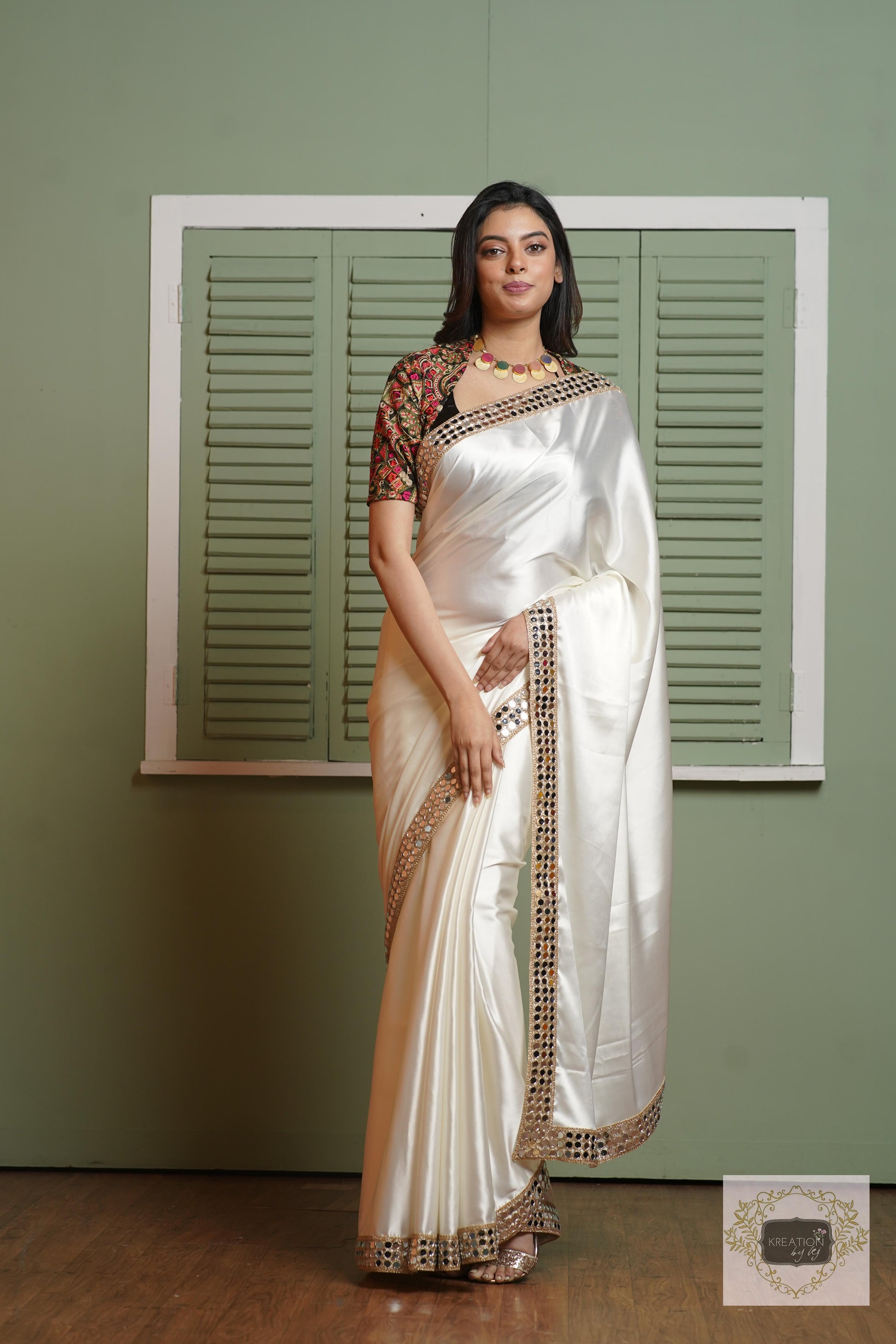Cream Sheesh Mahal Saree kreationbykj