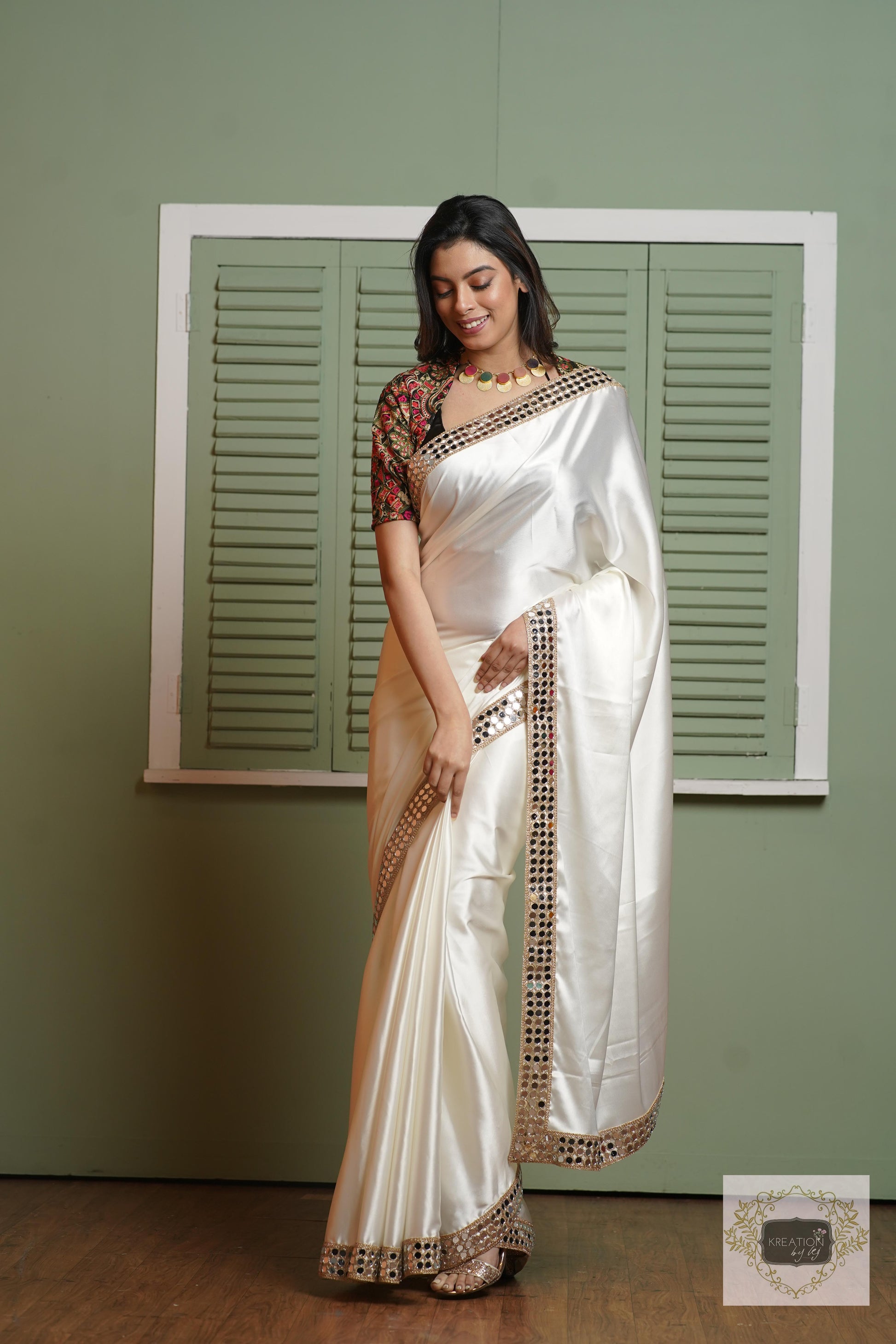Cream Sheesh Mahal Saree kreationbykj