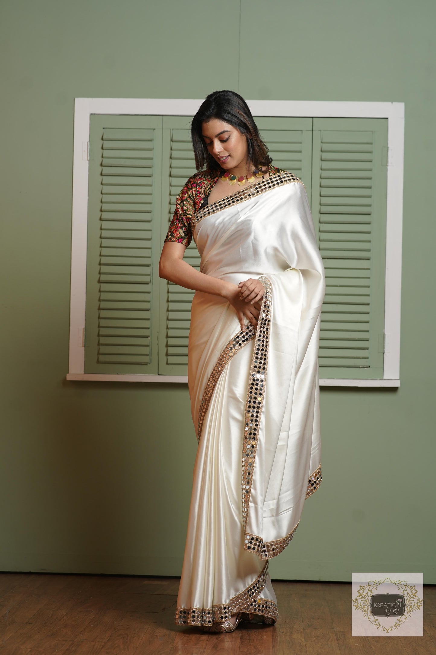 Cream Sheesh Mahal Saree kreationbykj