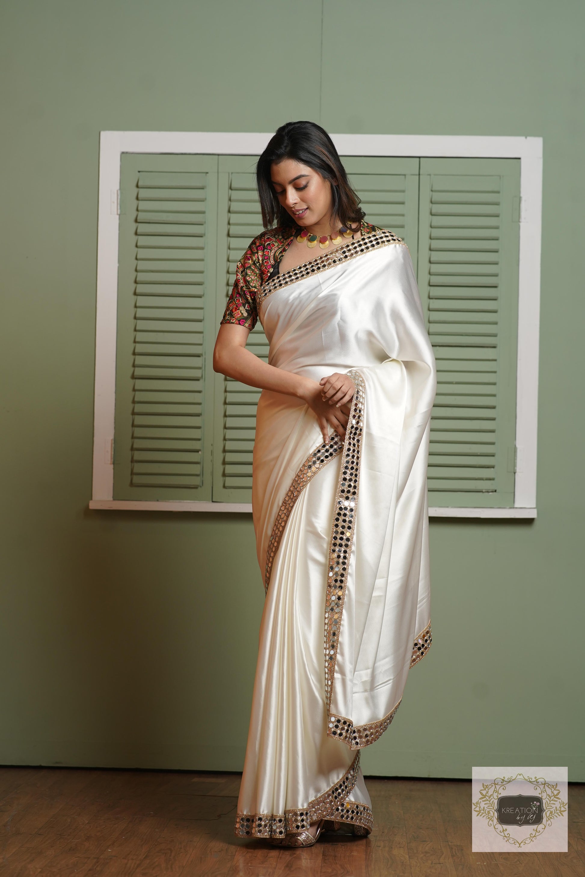 Cream Sheesh Mahal Saree kreationbykj