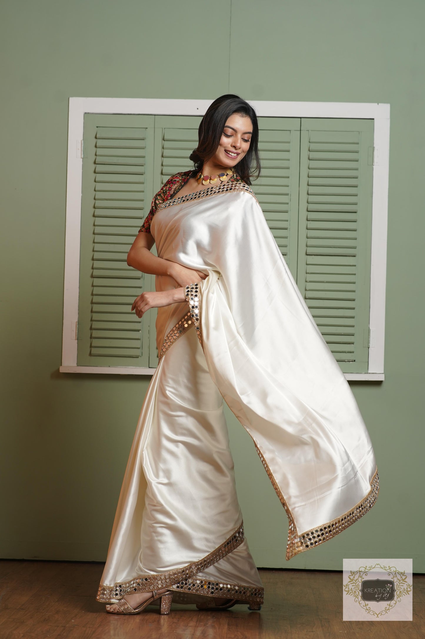 Cream Sheesh Mahal Saree kreationbykj