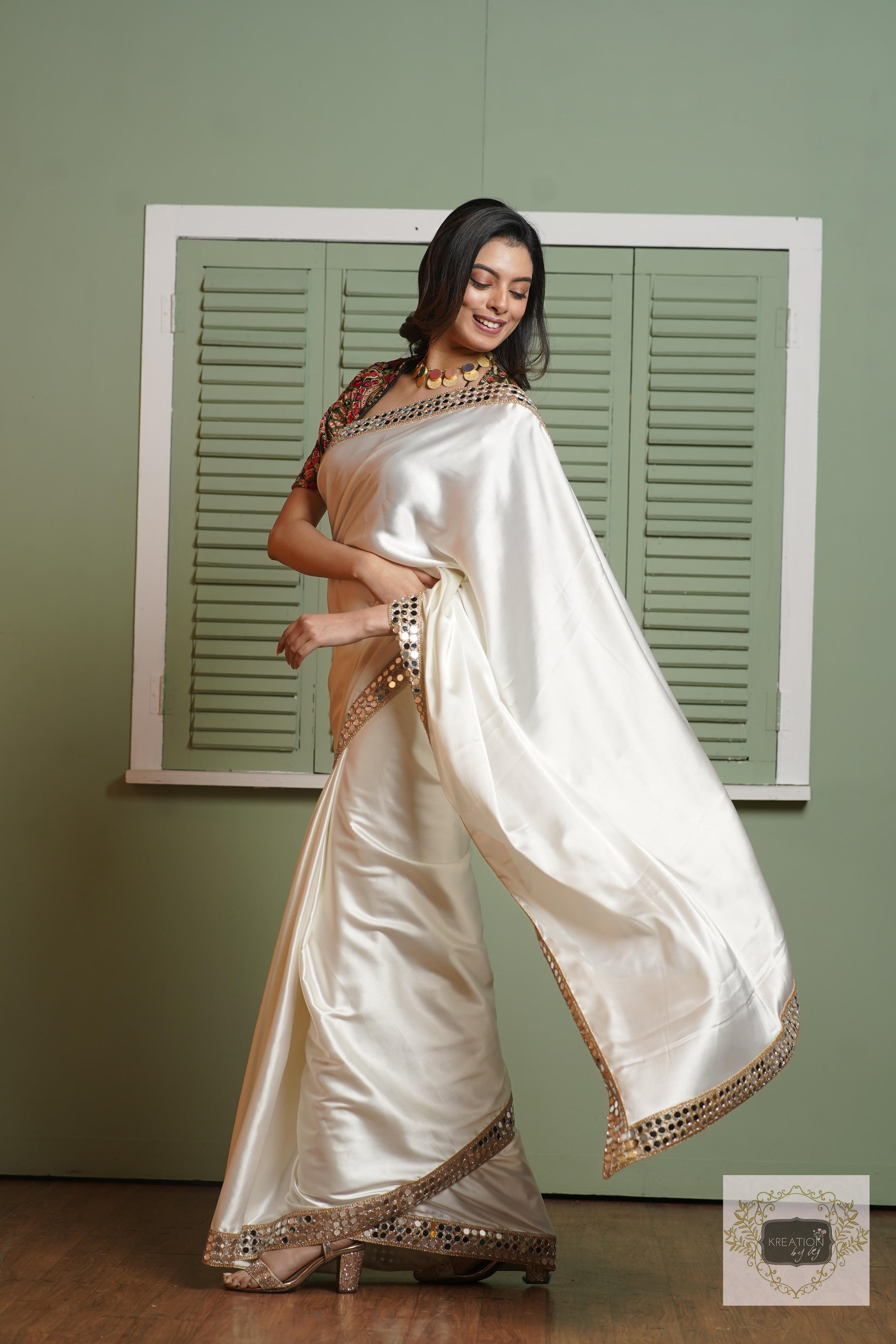 Cream Sheesh Mahal Saree kreationbykj