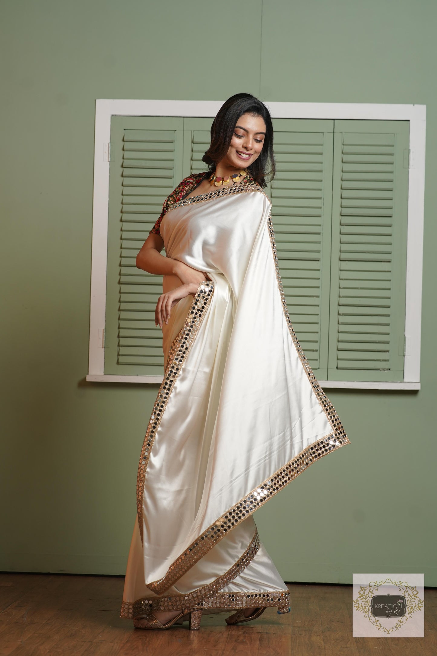 Cream Sheesh Mahal Saree kreationbykj