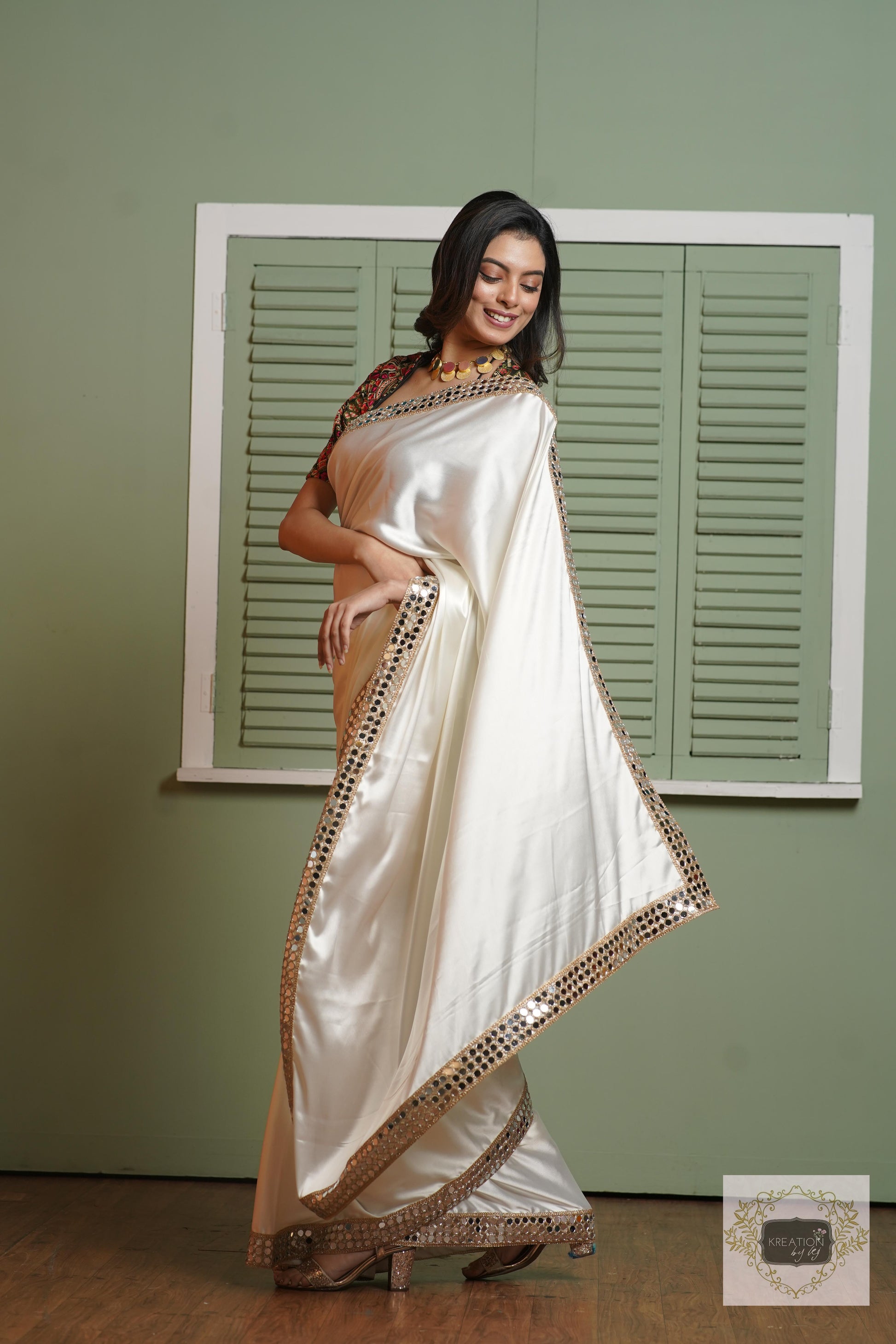 Cream Sheesh Mahal Saree kreationbykj