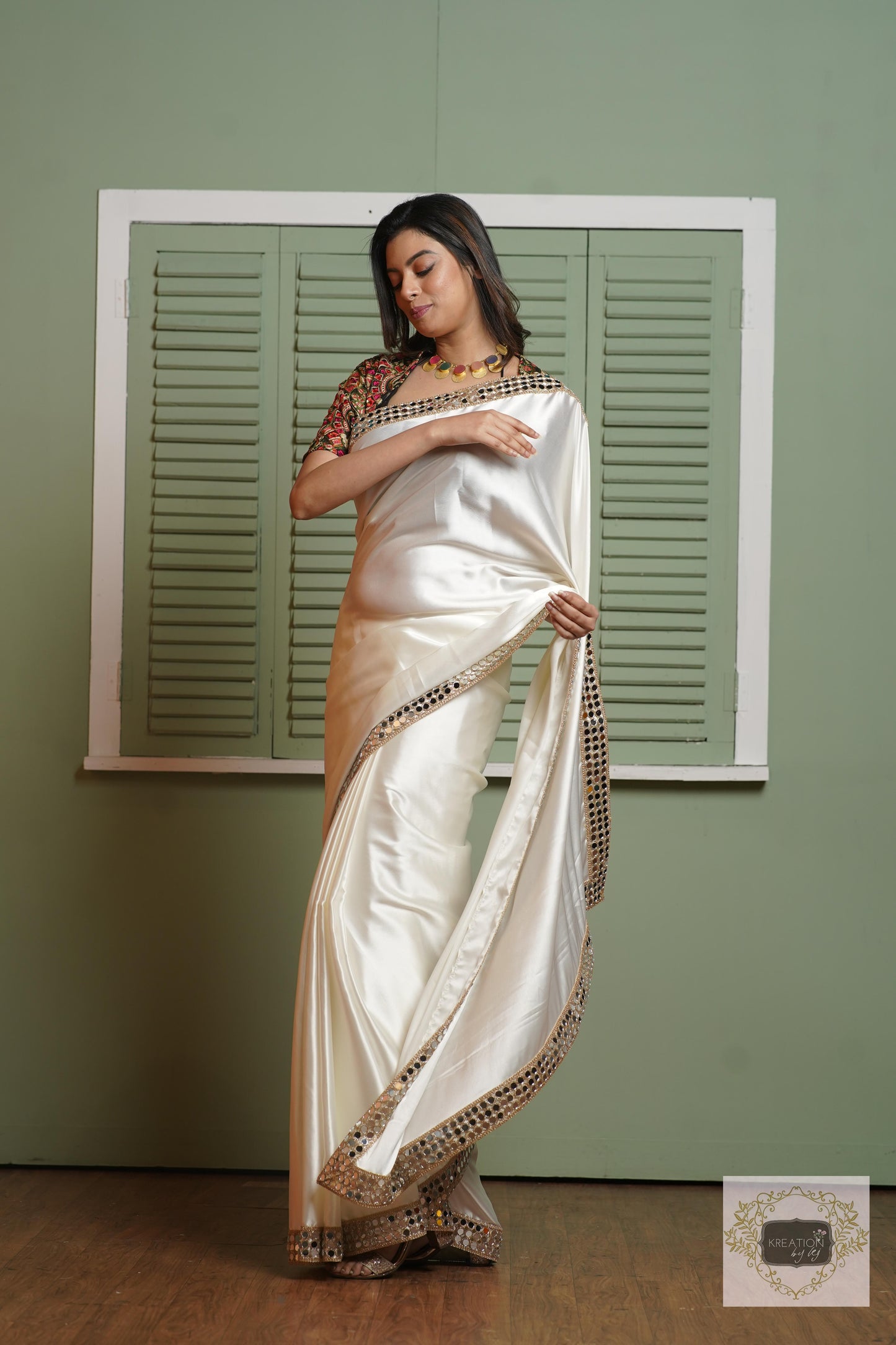 Cream Sheesh Mahal Saree kreationbykj
