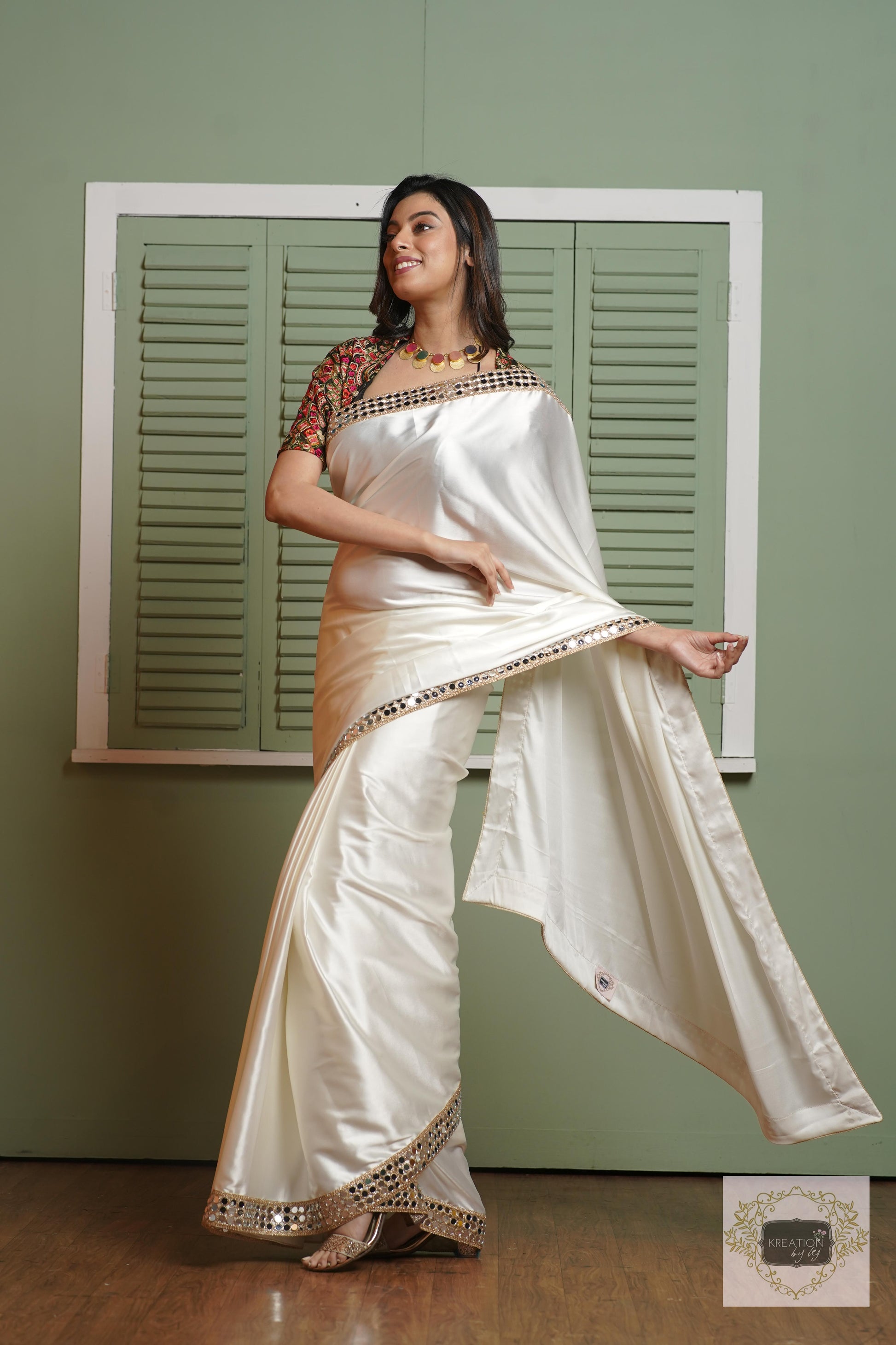 Cream Sheesh Mahal Saree kreationbykj