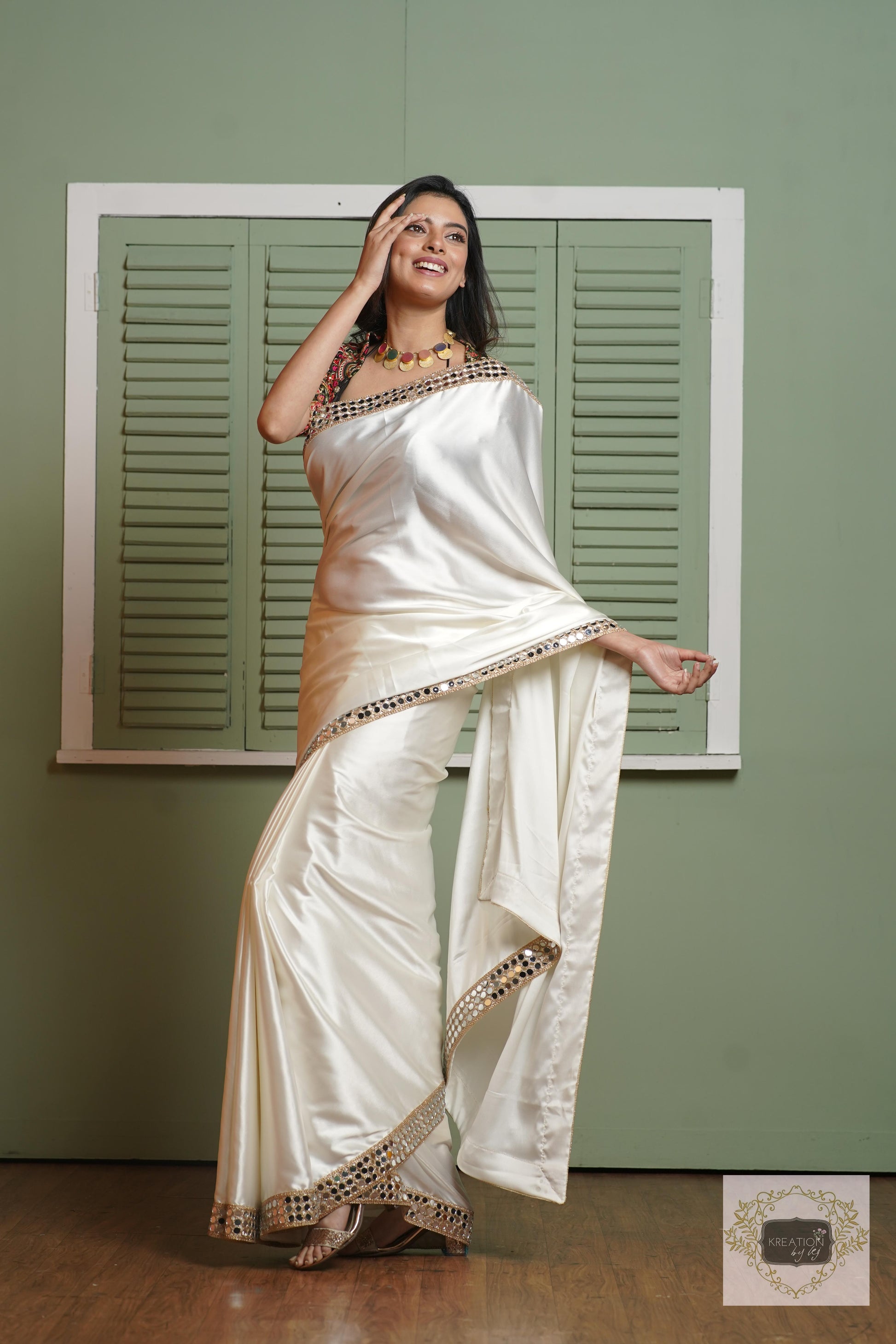 Cream Sheesh Mahal Saree kreationbykj