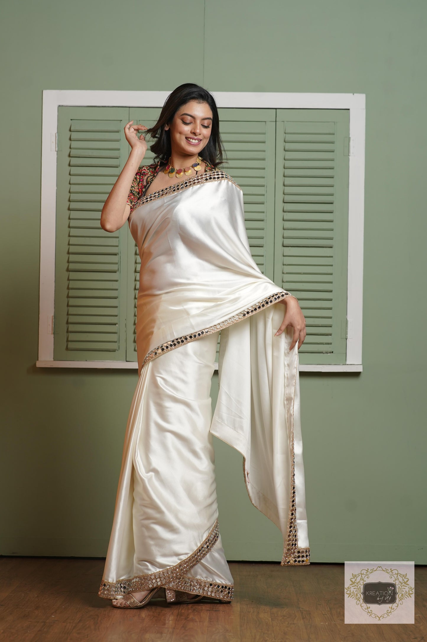 Cream Sheesh Mahal Saree kreationbykj