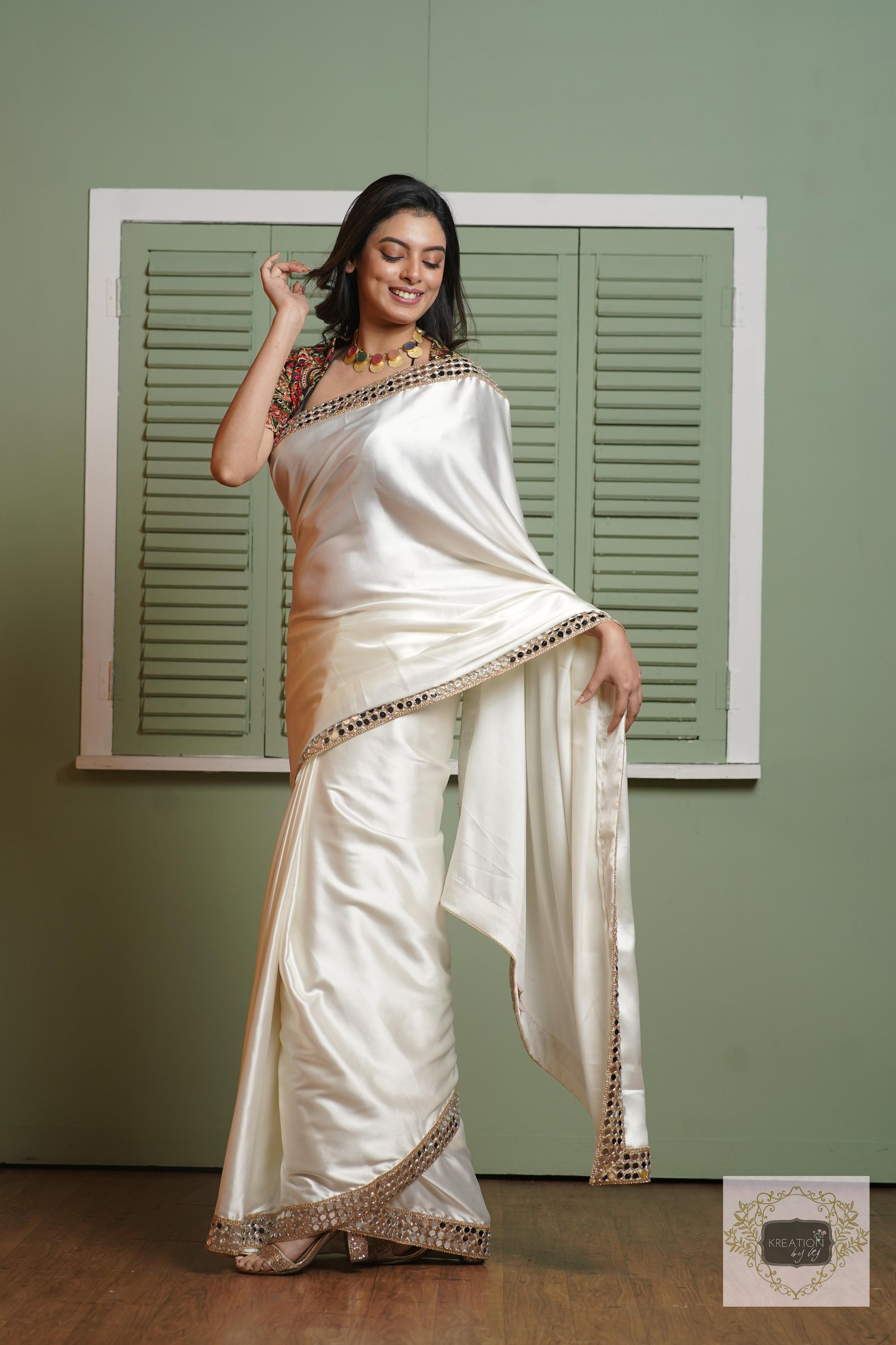 Cream Sheesh Mahal Saree kreationbykj