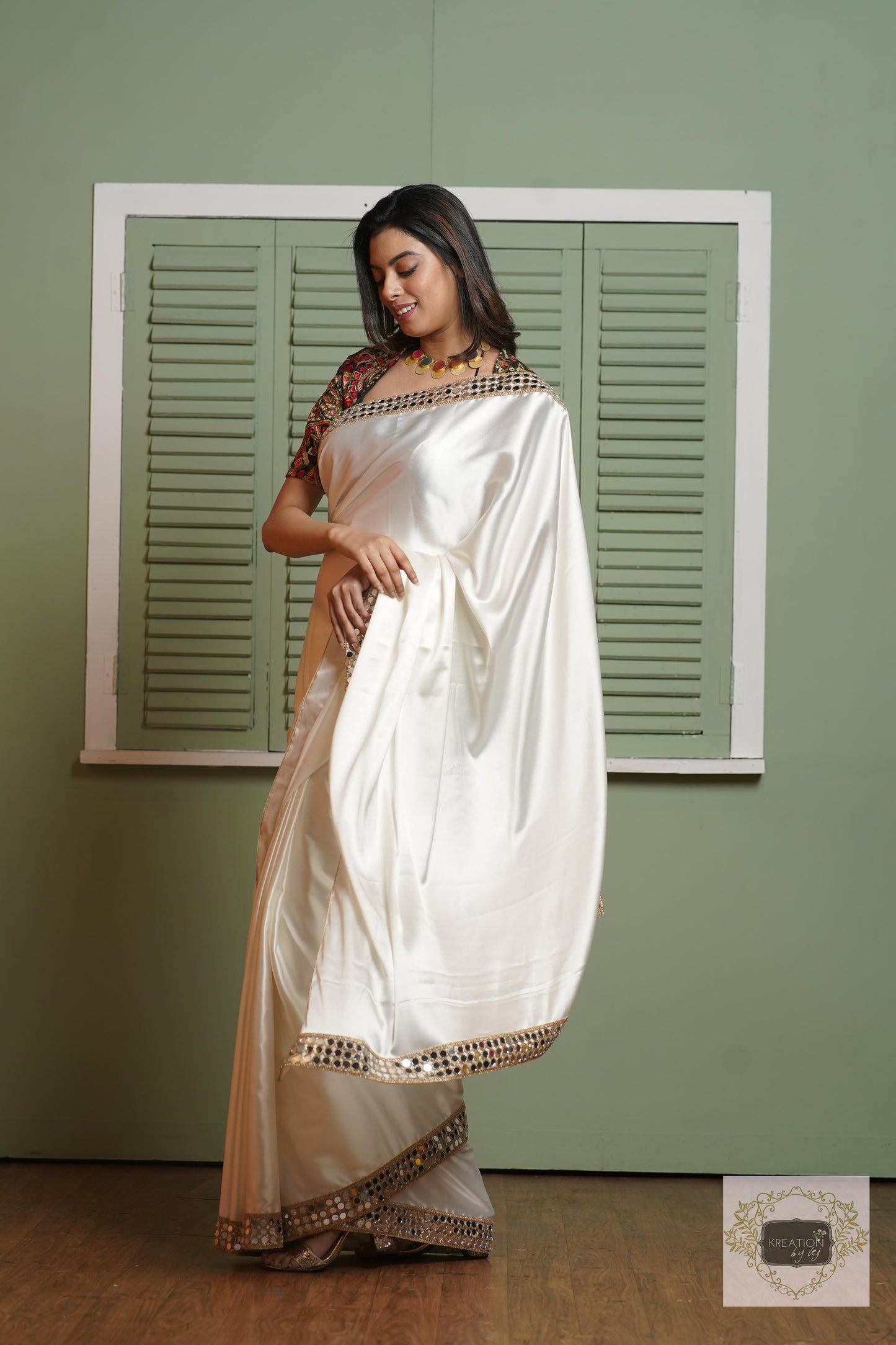 Cream Sheesh Mahal Saree kreationbykj