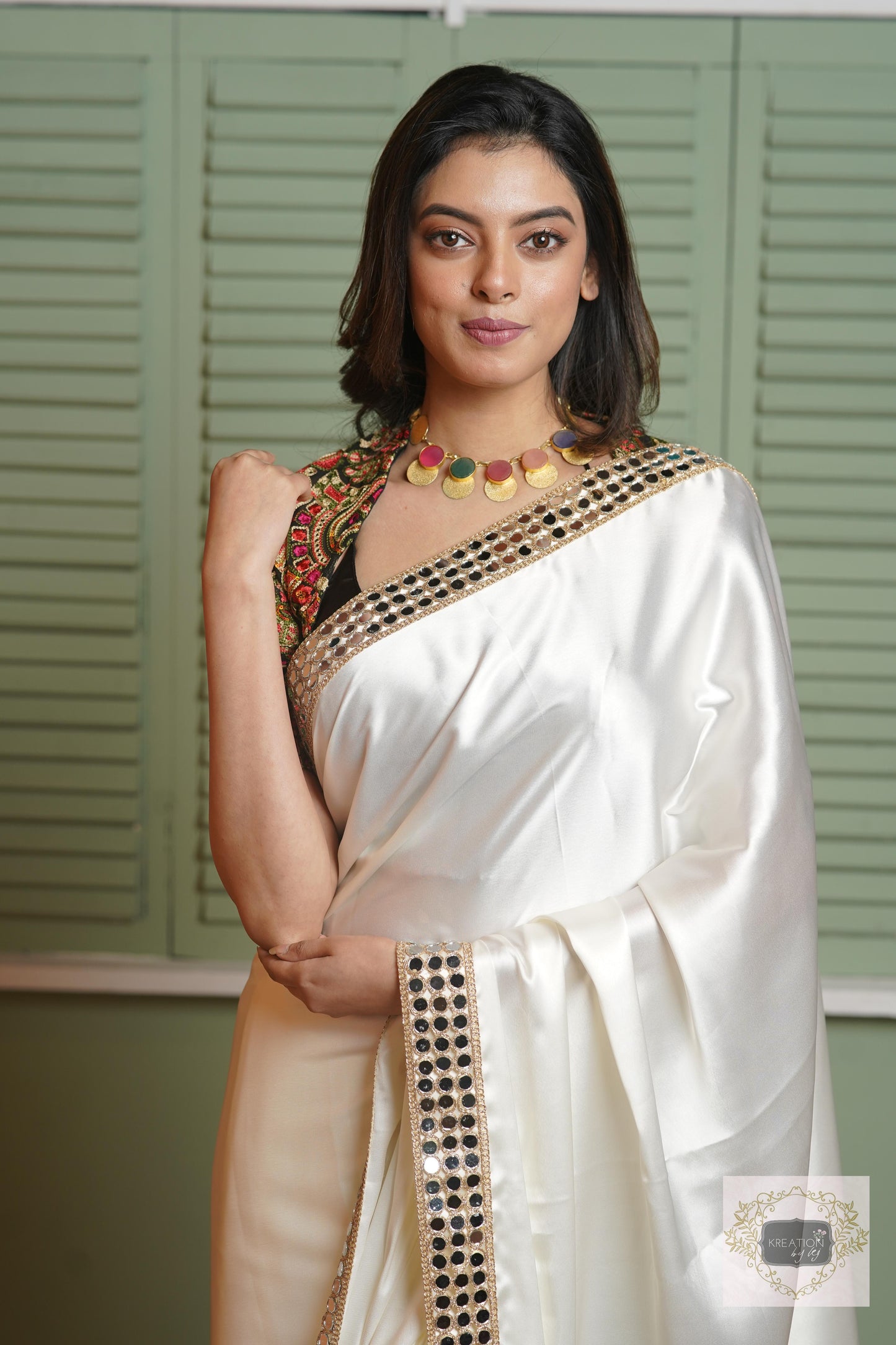 Cream Sheesh Mahal Saree kreationbykj