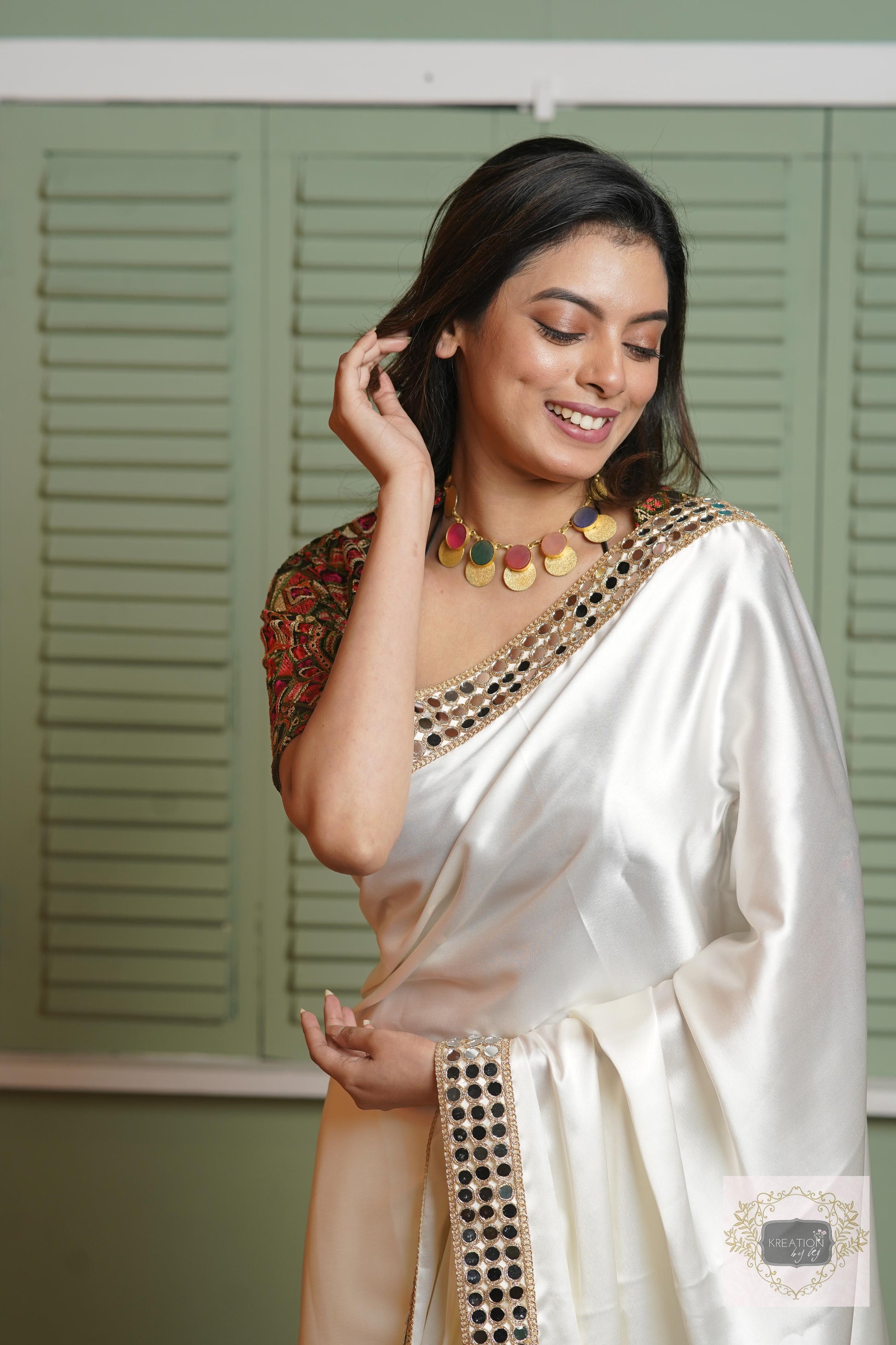 Cream Sheesh Mahal Saree kreationbykj