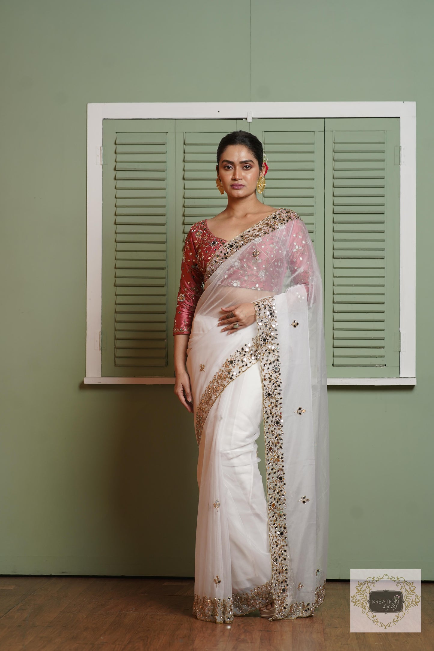 White Organza Sheesh Mahal Saree kreationbykj
