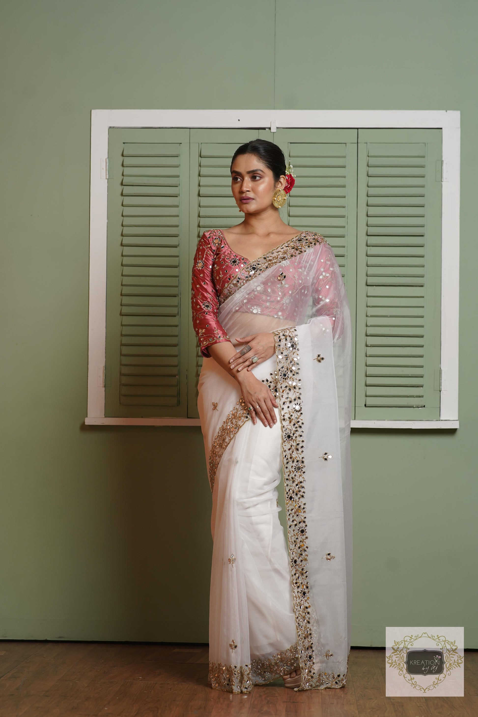 White Organza Sheesh Mahal Saree kreationbykj