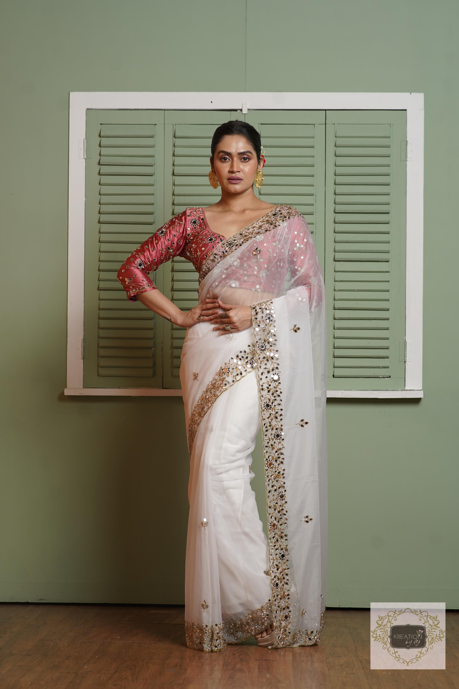 White Organza Sheesh Mahal Saree kreationbykj