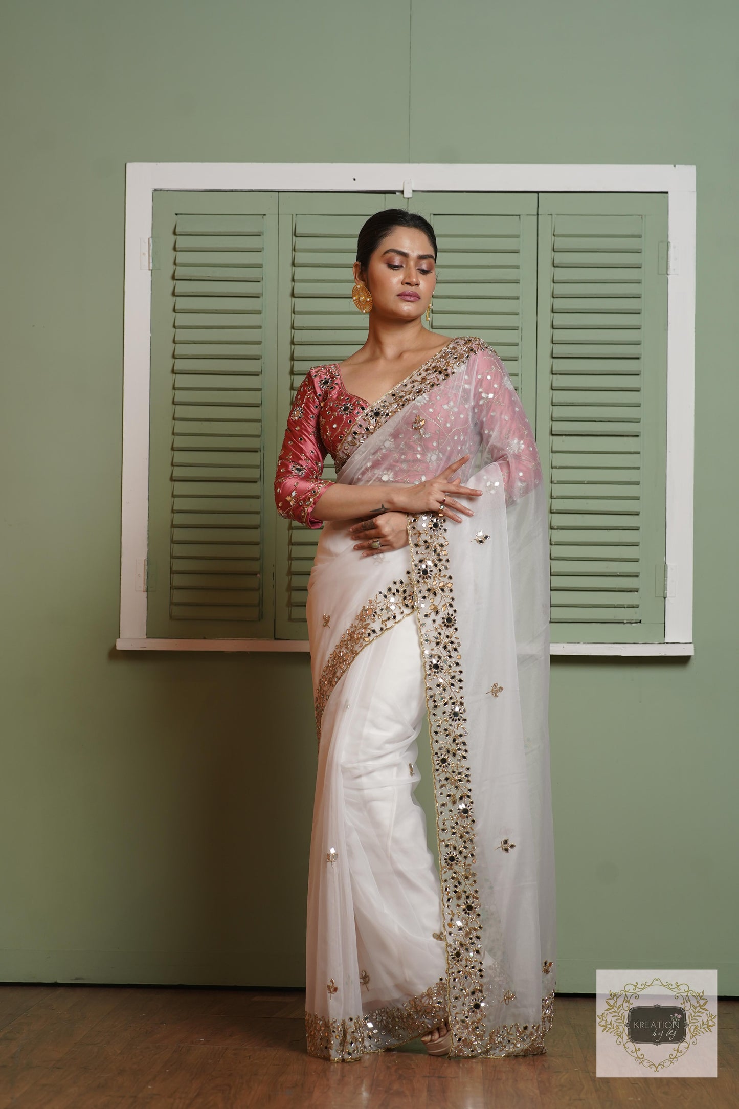 White Organza Sheesh Mahal Saree kreationbykj