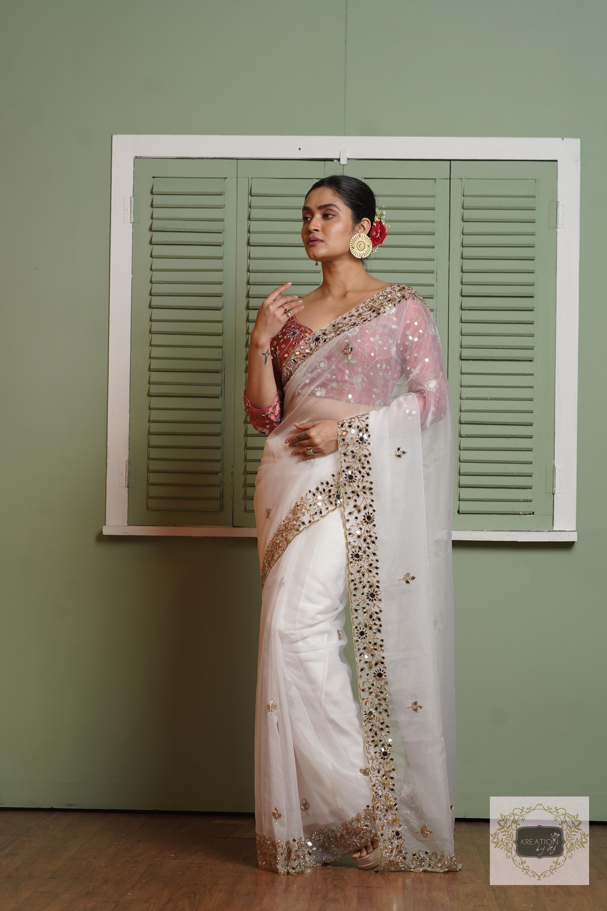 White Organza Sheesh Mahal Saree kreationbykj