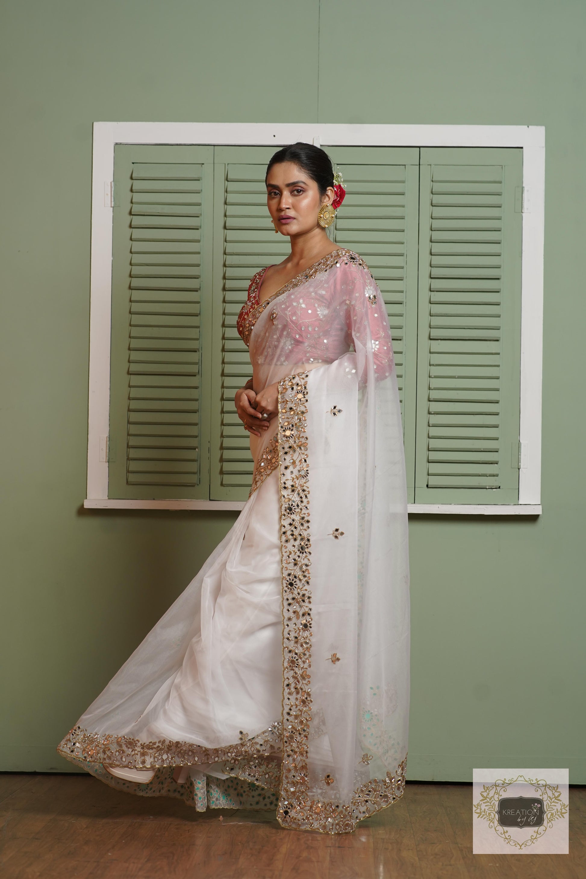 White Organza Sheesh Mahal Saree kreationbykj