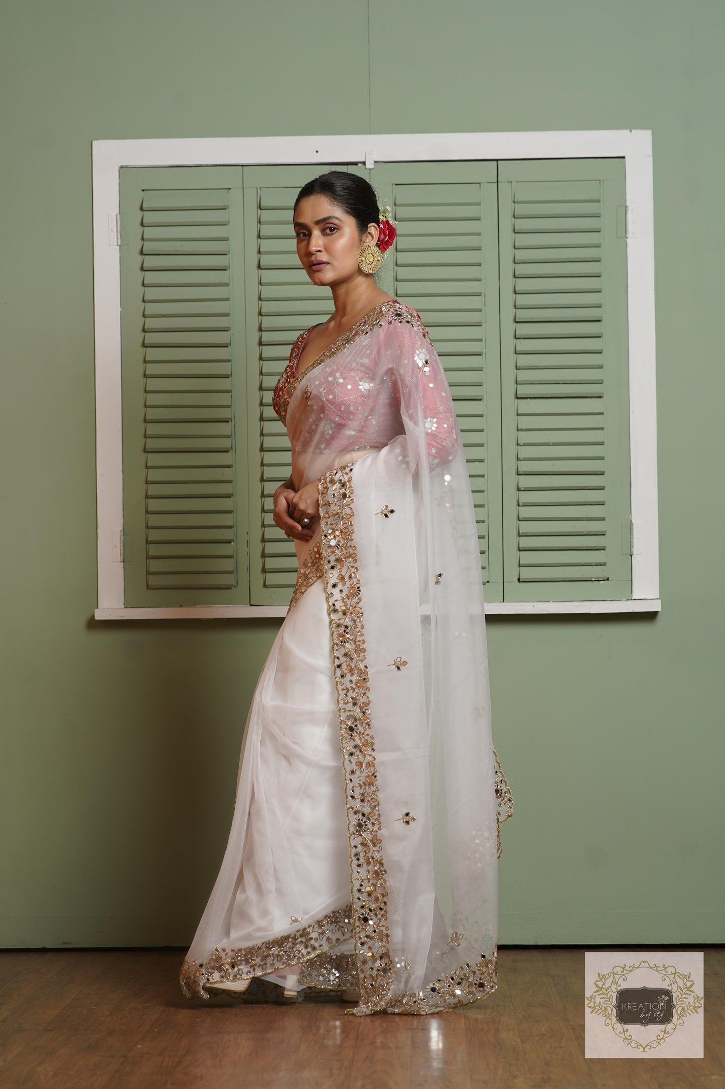 White Organza Sheesh Mahal Saree kreationbykj
