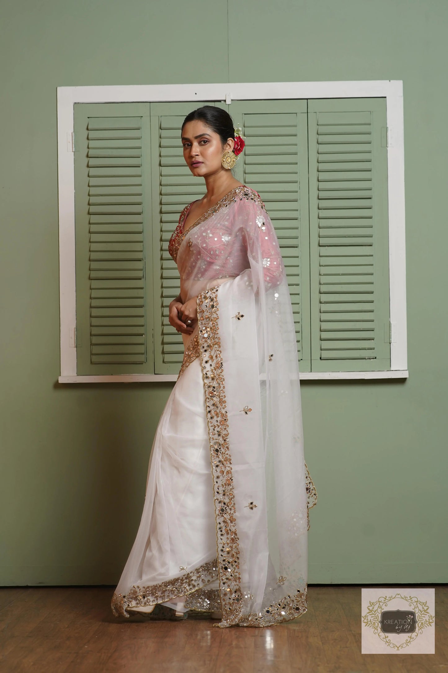White Organza Sheesh Mahal Saree kreationbykj