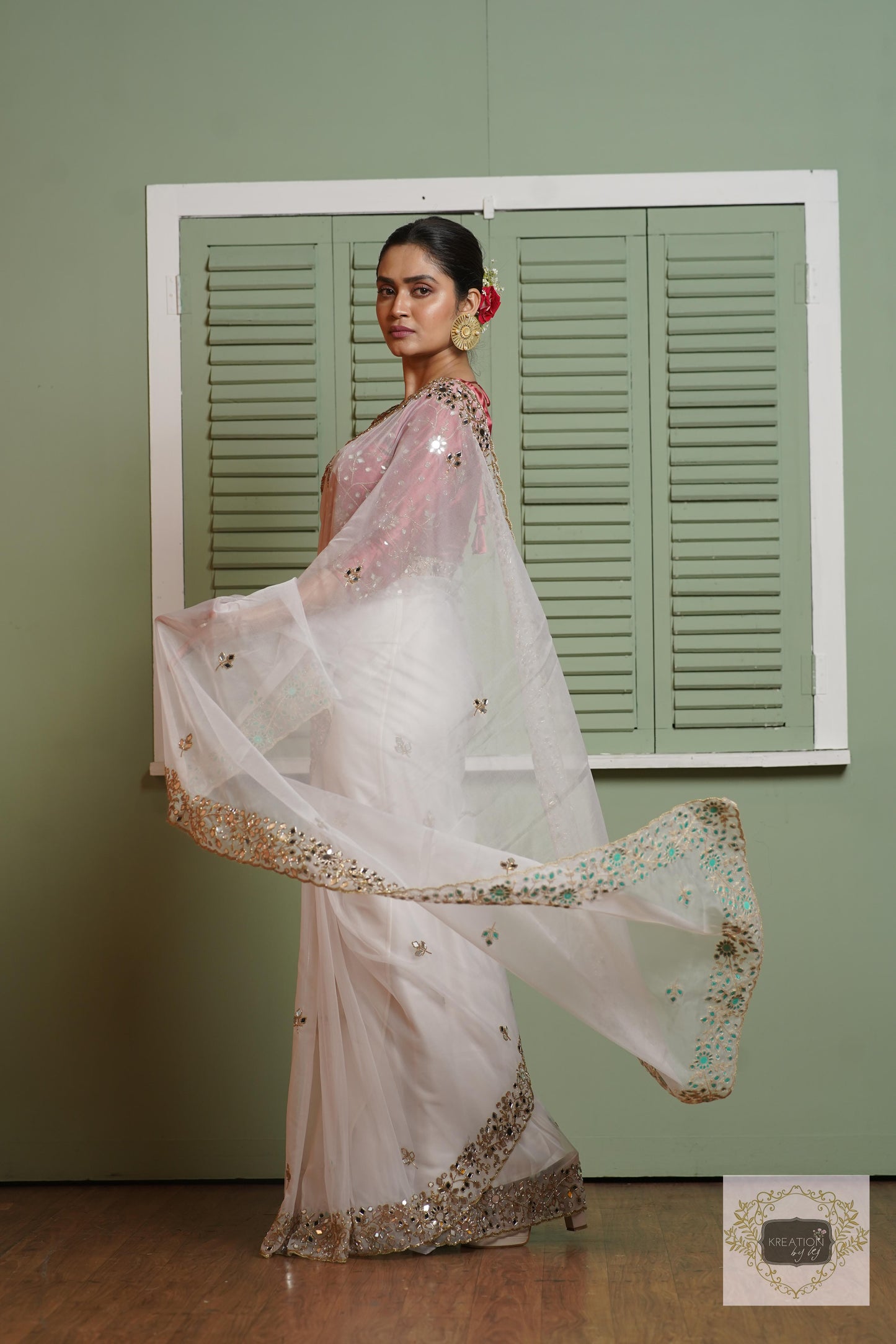 White Organza Sheesh Mahal Saree kreationbykj