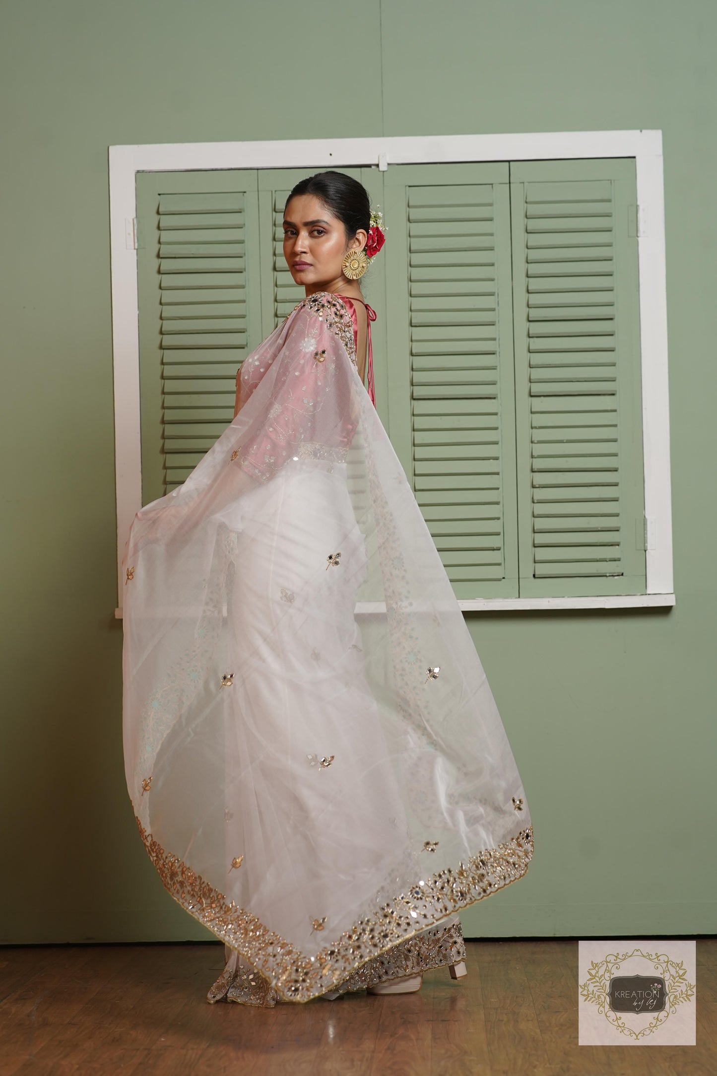 White Organza Sheesh Mahal Saree kreationbykj