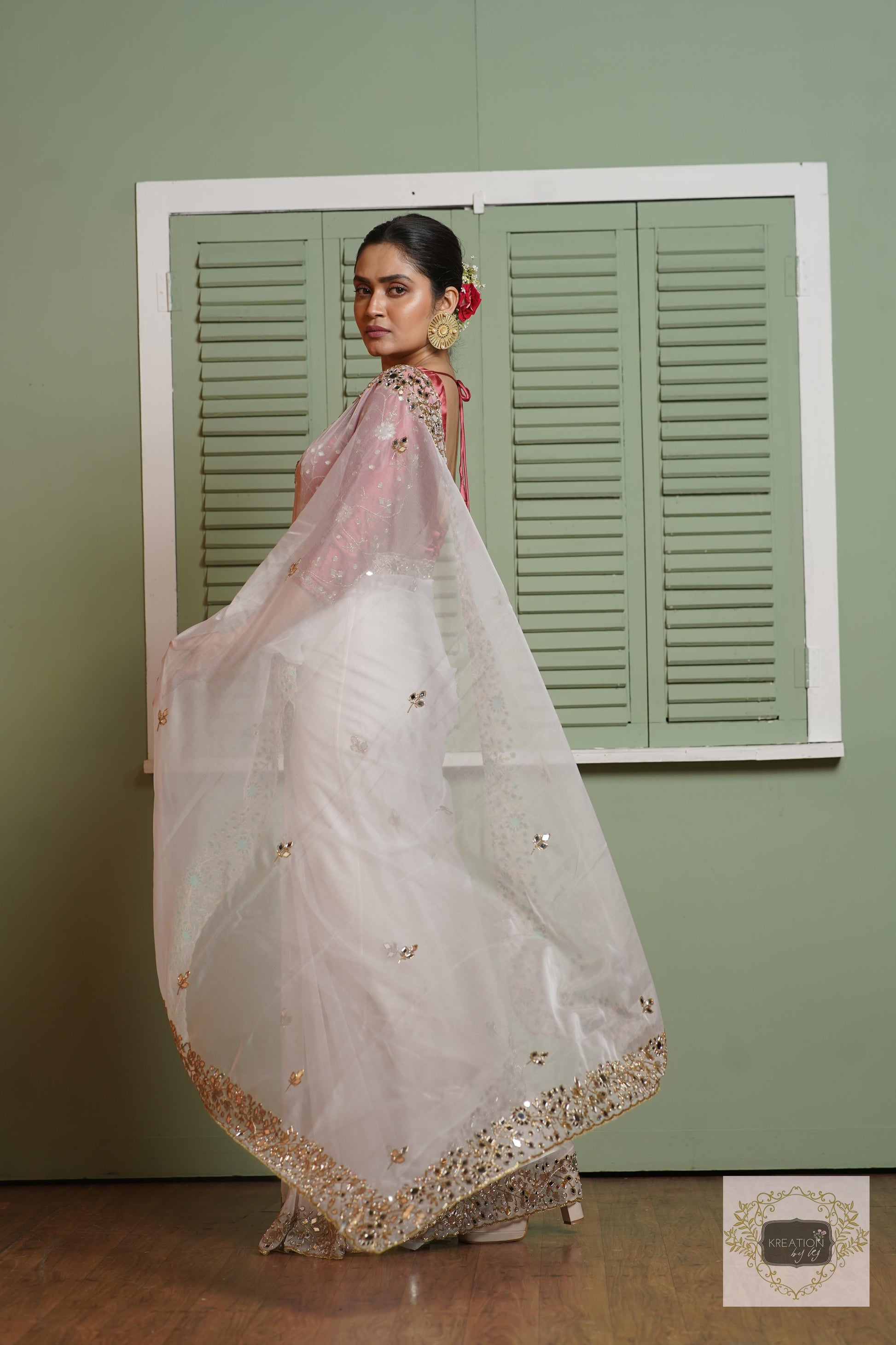 White Organza Sheesh Mahal Saree kreationbykj