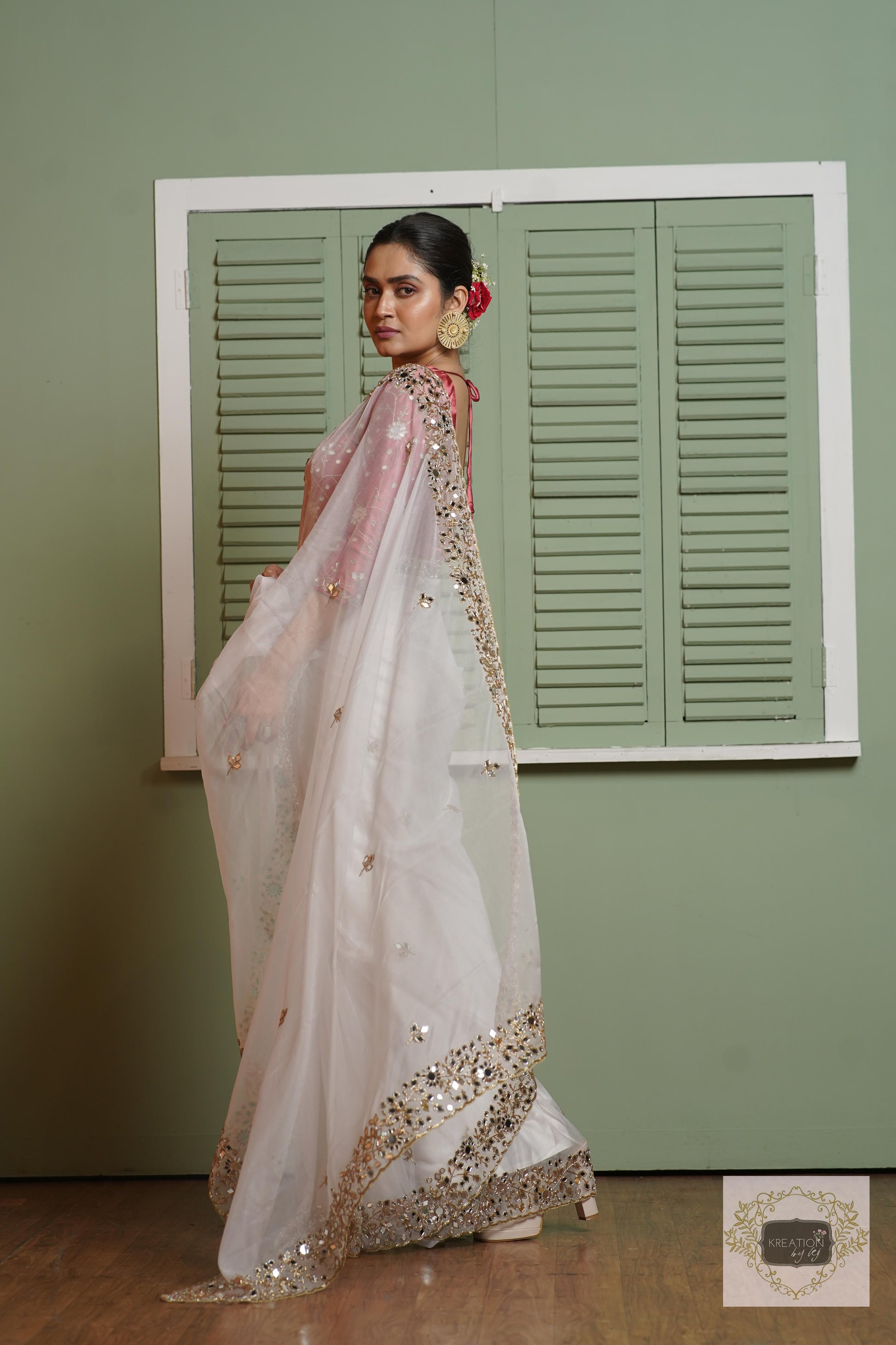 White Organza Sheesh Mahal Saree kreationbykj