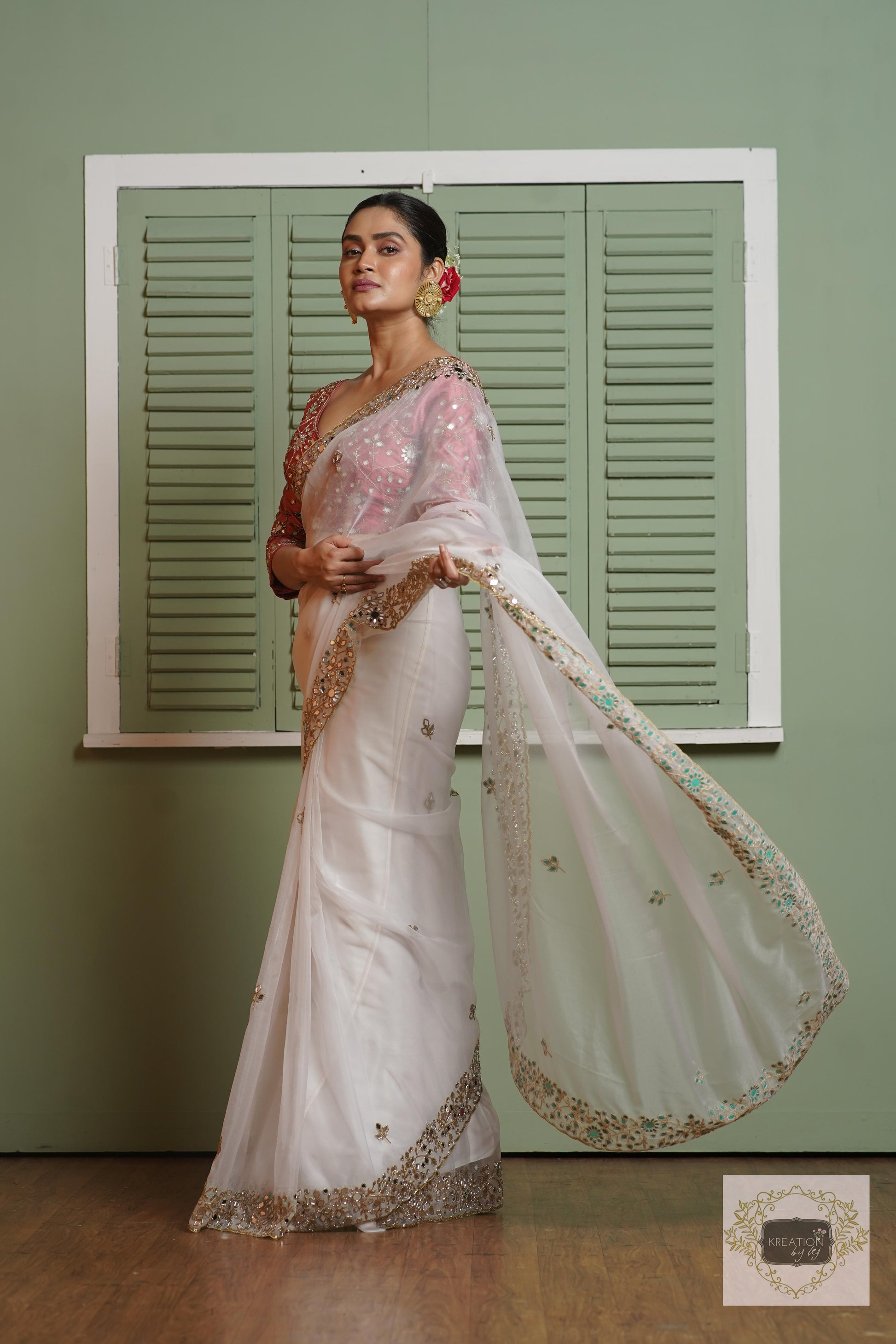 White Organza Sheesh Mahal Saree kreationbykj