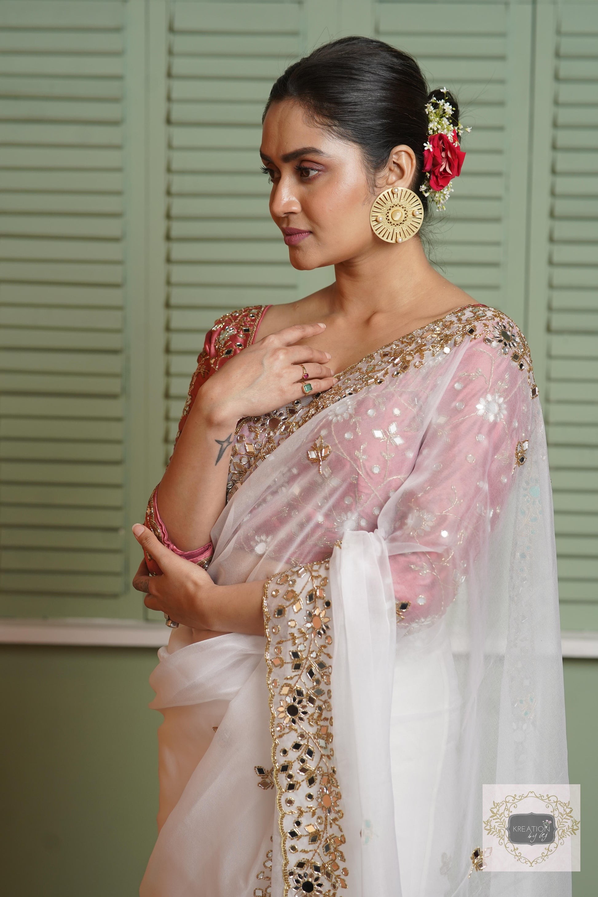 White Organza Sheesh Mahal Saree kreationbykj