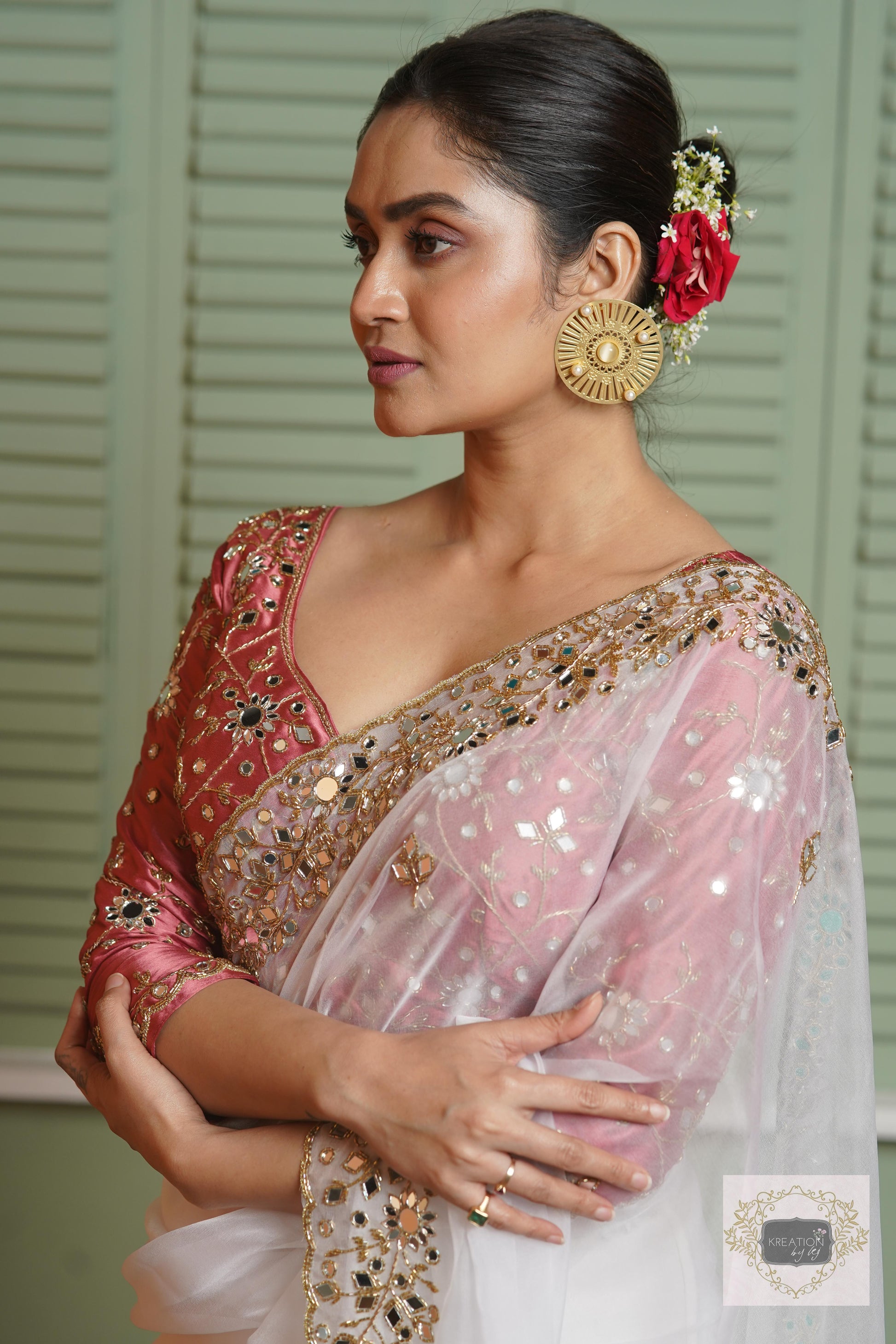 White Organza Sheesh Mahal Saree kreationbykj