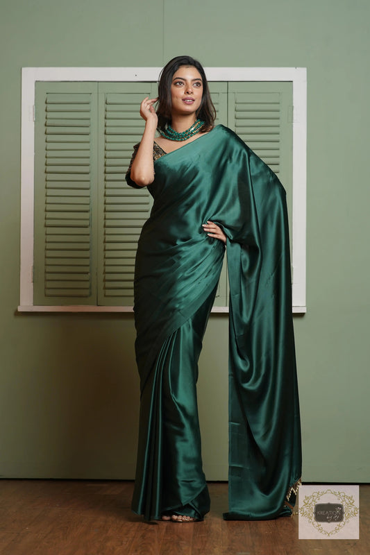 Emerald Green Satin Silk Saree With Handmade Tassels On Pallu