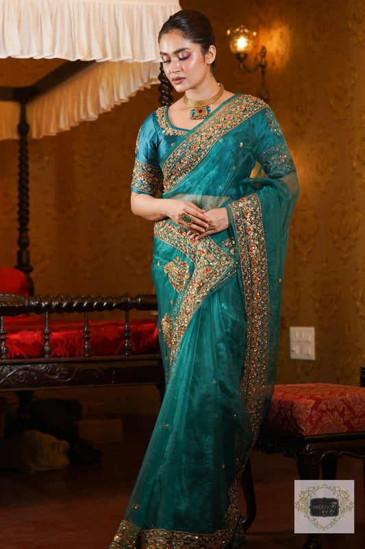 Teal Blue Organza Tissue Prajoti