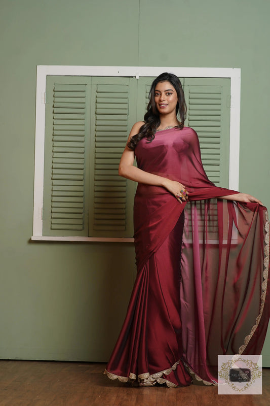 Merlot Ombre Saree with Scallop Border kreationbykj