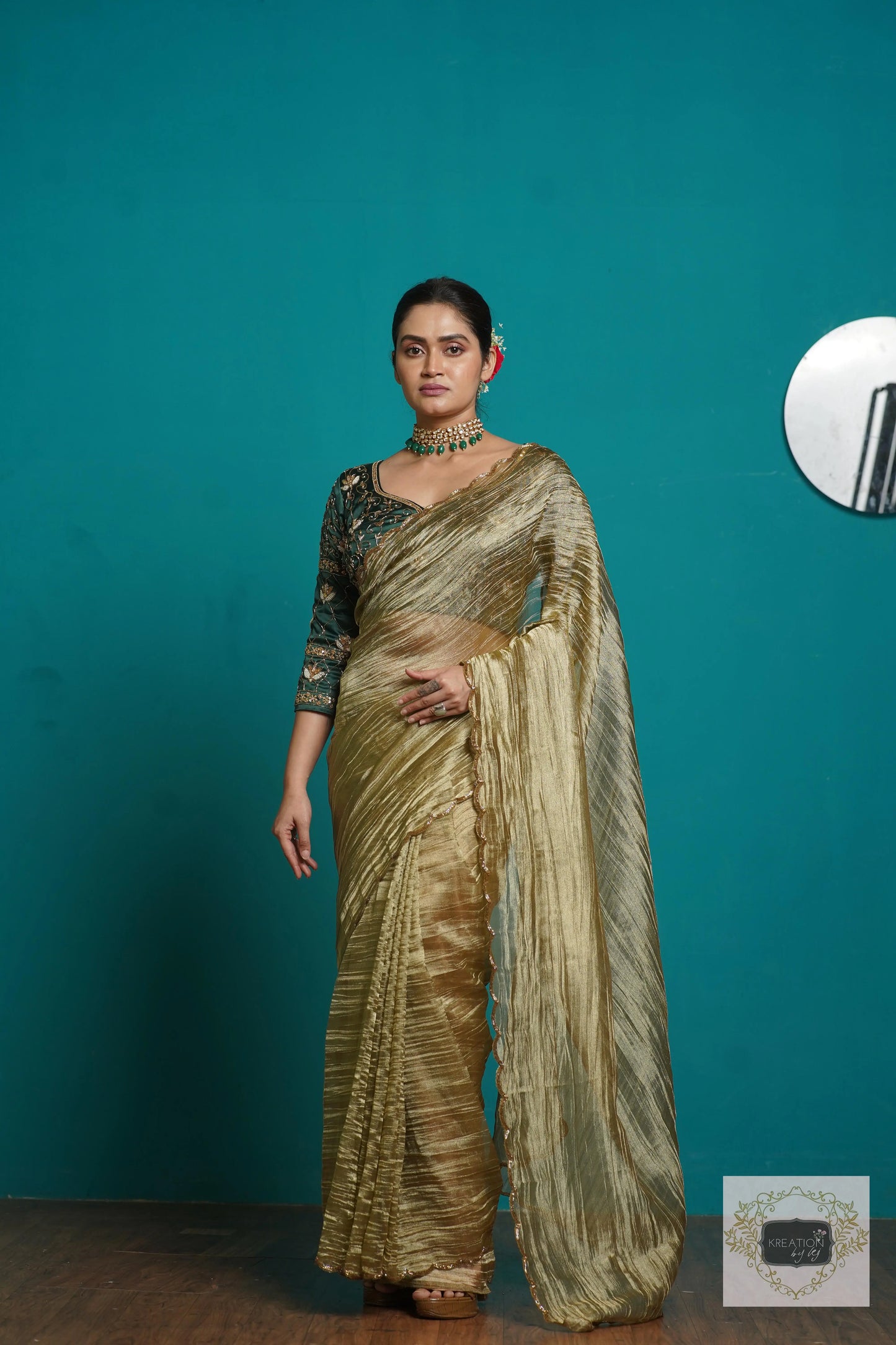 Ash Green Crushed Tissue Cocktail Saree kreationbykj