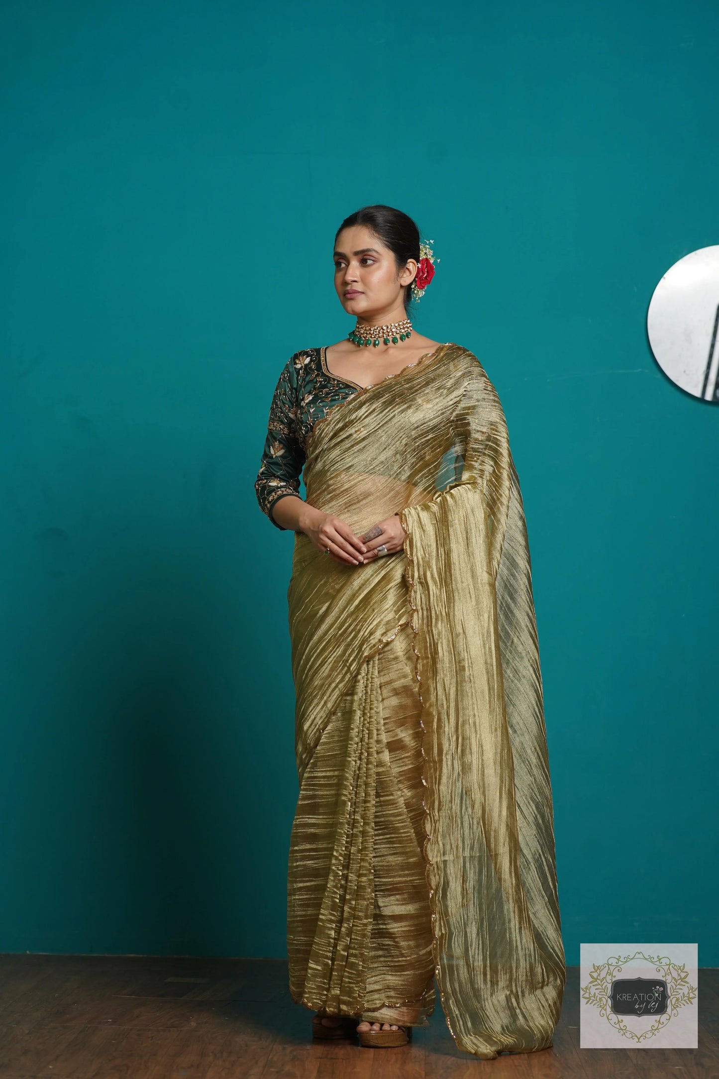 Ash Green Crushed Tissue Cocktail Saree kreationbykj