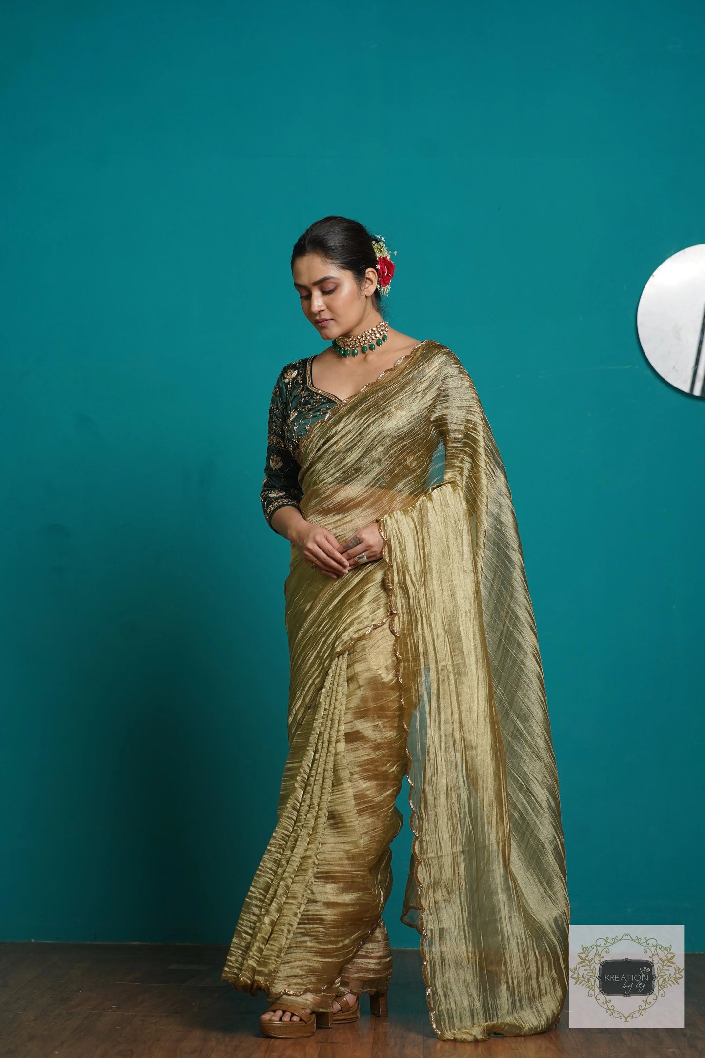 Ash Green Crushed Tissue Cocktail Saree kreationbykj