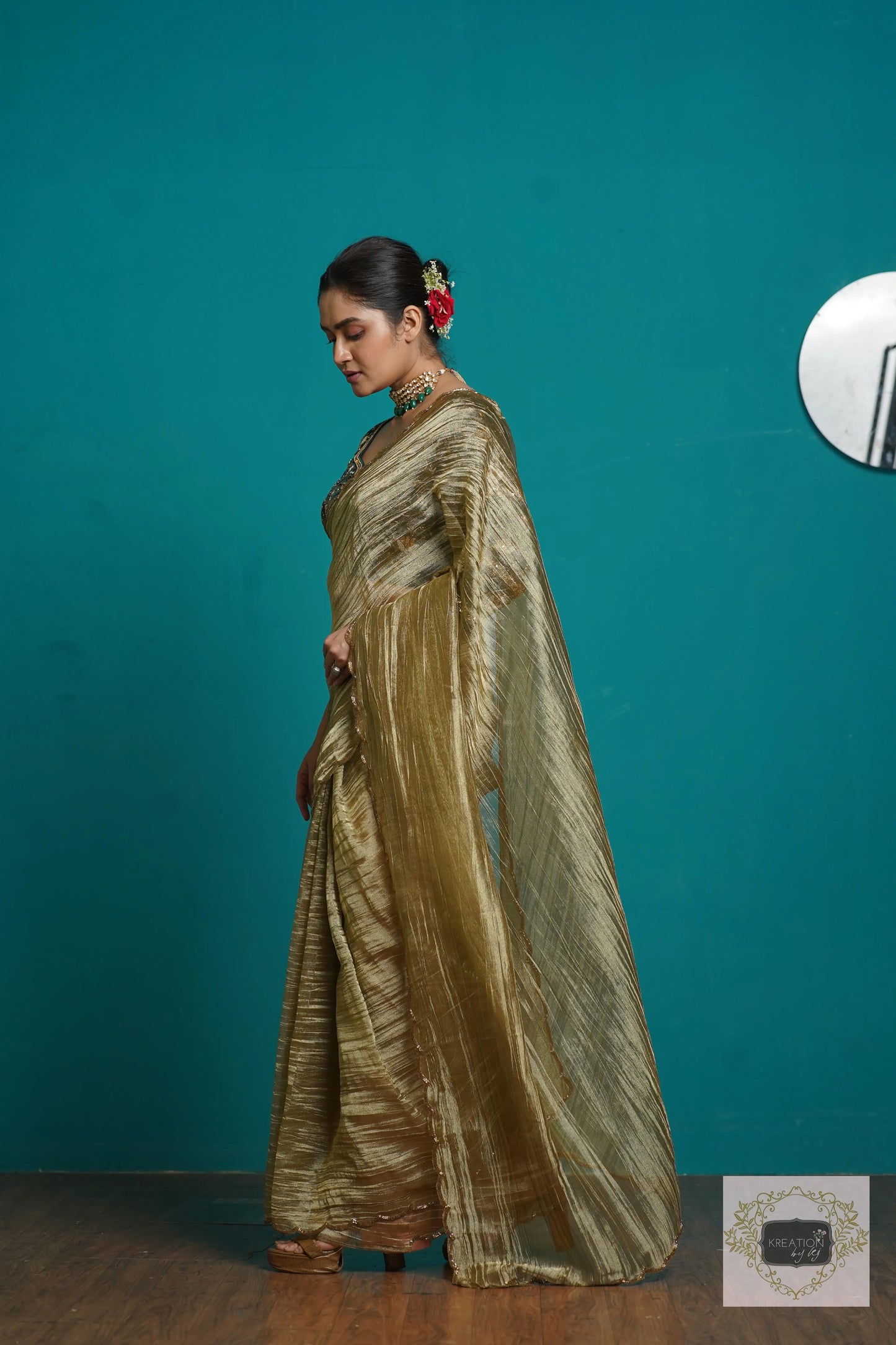 Ash Green Crushed Tissue Cocktail Saree kreationbykj