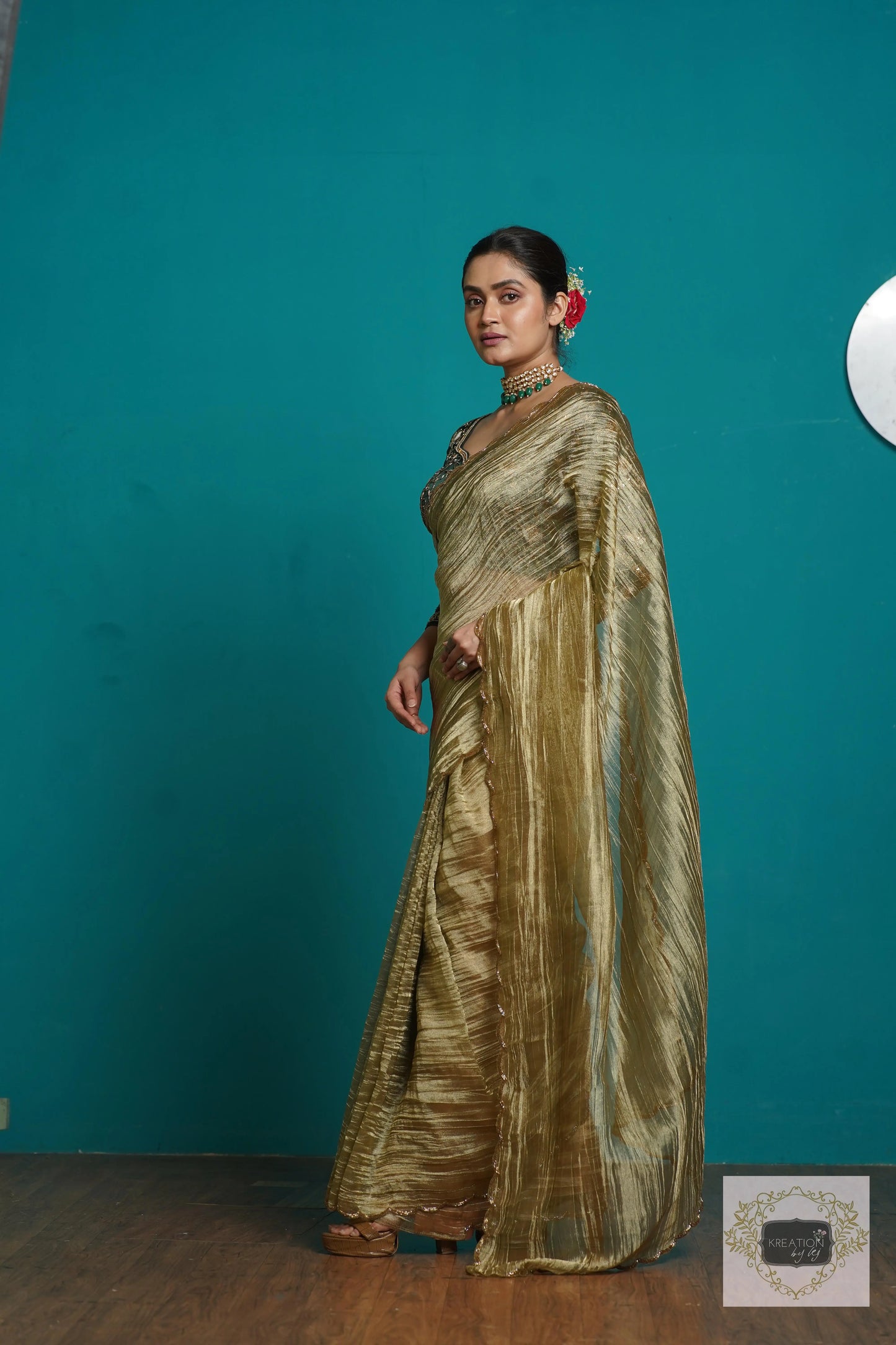 Ash Green Crushed Tissue Cocktail Saree kreationbykj